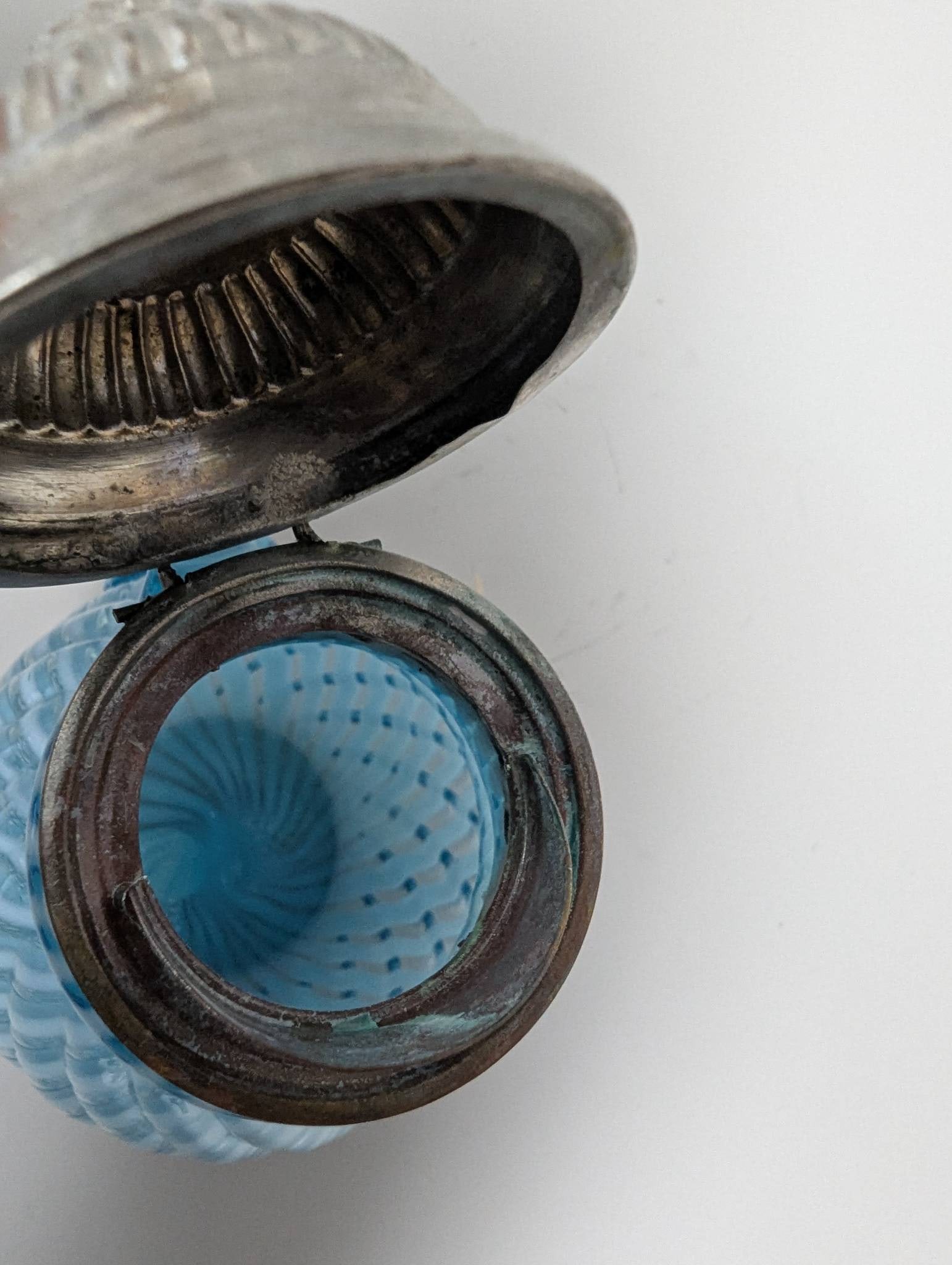 Antique Blue Opalescent Glass Syrup Pitcher in Buckeye Reverse Swirl Pattern - 4