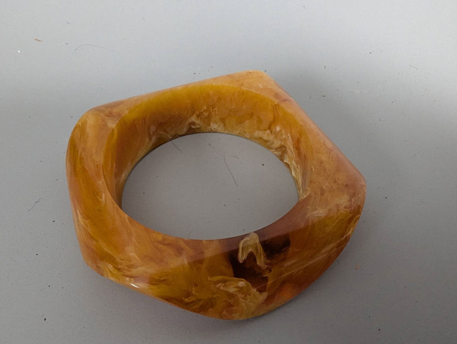 Vintage Yellow Marbled Lucite Bangle Bracelet with Asymmetrical Shape - 3
