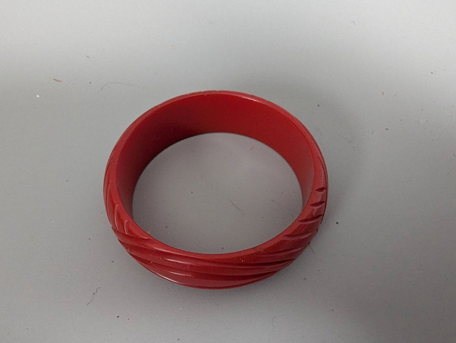 Carved Cherry Red Bakelite Bangle Bracelet with Leaf Design - 2
