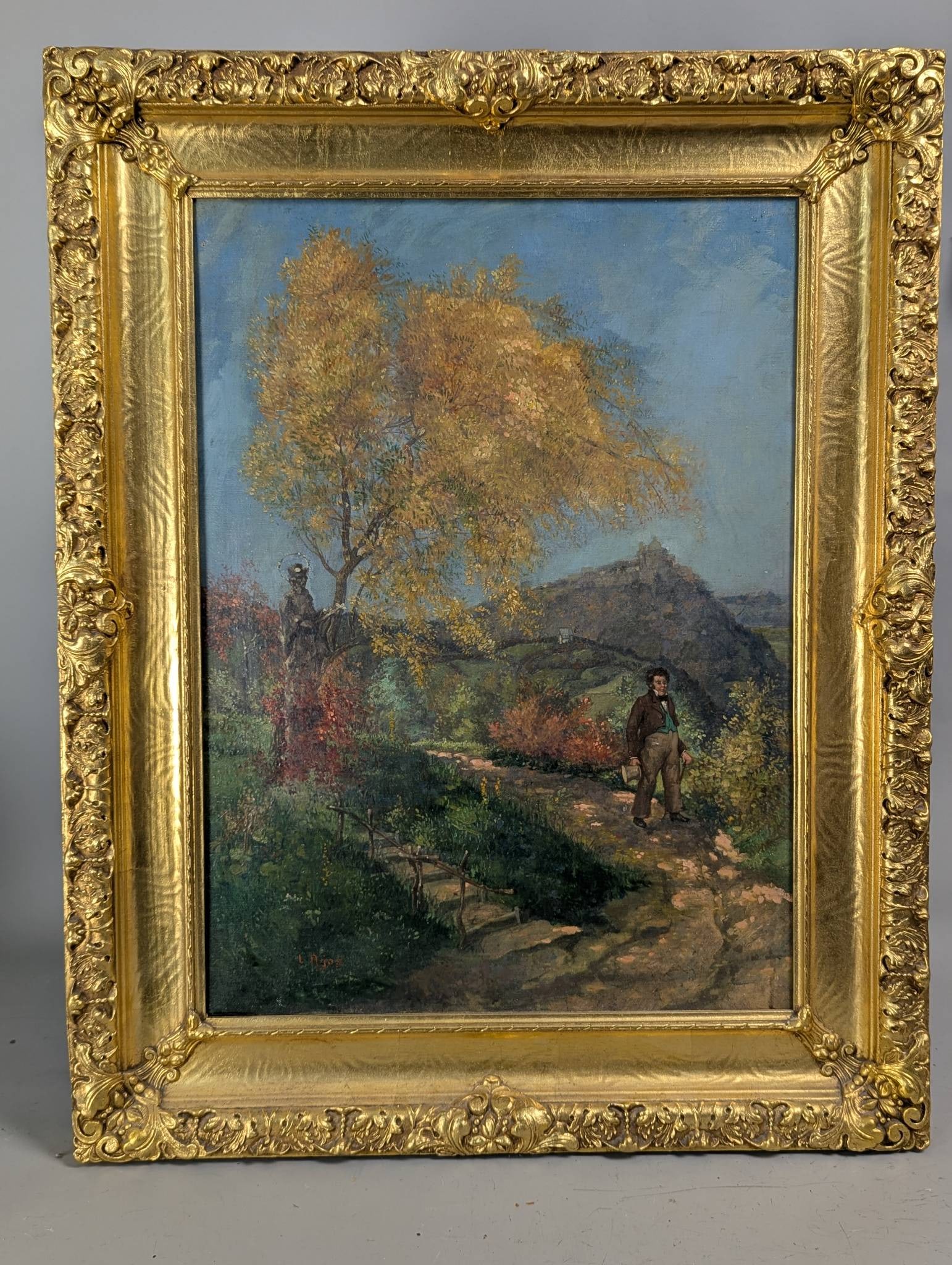 Oil Painting Signed L Ajos Depicting Franz Schubert on a Path: Oil painting signed by artist L Ajos, depicting Austrian composer Franz Schubert strolling along a scenic path surrounded by lush vegetation, a mountainous landscape, and vibrant autumnal trees. The a
