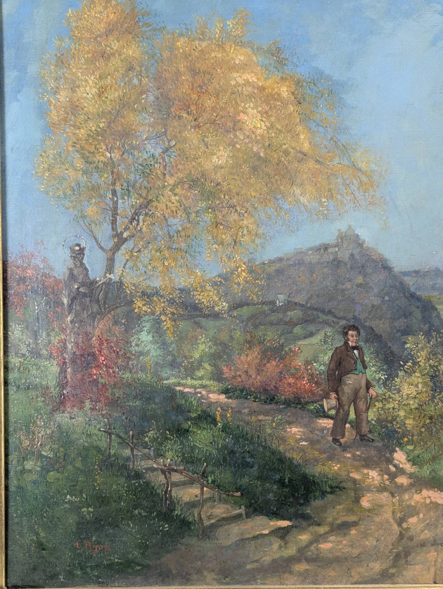 Oil Painting Signed L Ajos Depicting Franz Schubert on a Path - 2