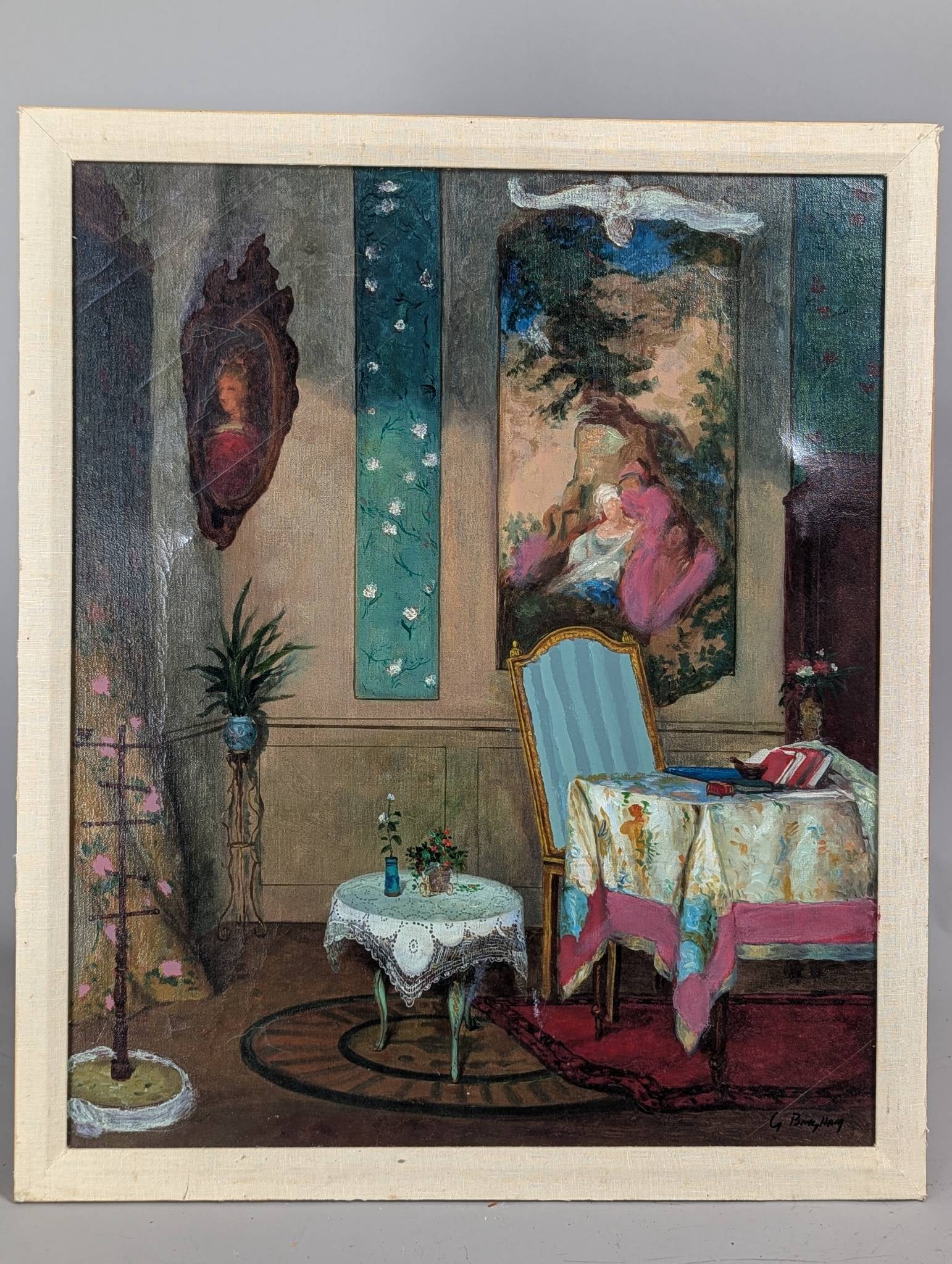 Signed G Brody Haig Oil Painting Depicting Indoor Scene with Furnishings: Oil painting on canvas signed G Brody Haig in the lower right. The artwork depicts an indoor scene with detailed furnishings, including a table with floral arrangements, a chair, and framed wall art.