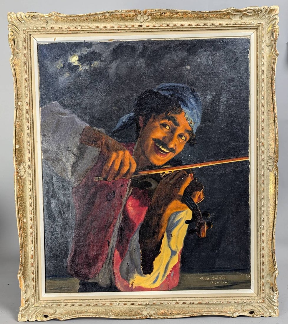 Oil Painting of Fiddler Signed Fritz Muller: Oil on canvas depicting a lively fiddler against a dark background. Signed Fritz Muller (1879-1957) in the lower right corner, along with the notation Munchen. Canvas measures 20 inches high by 24 inc