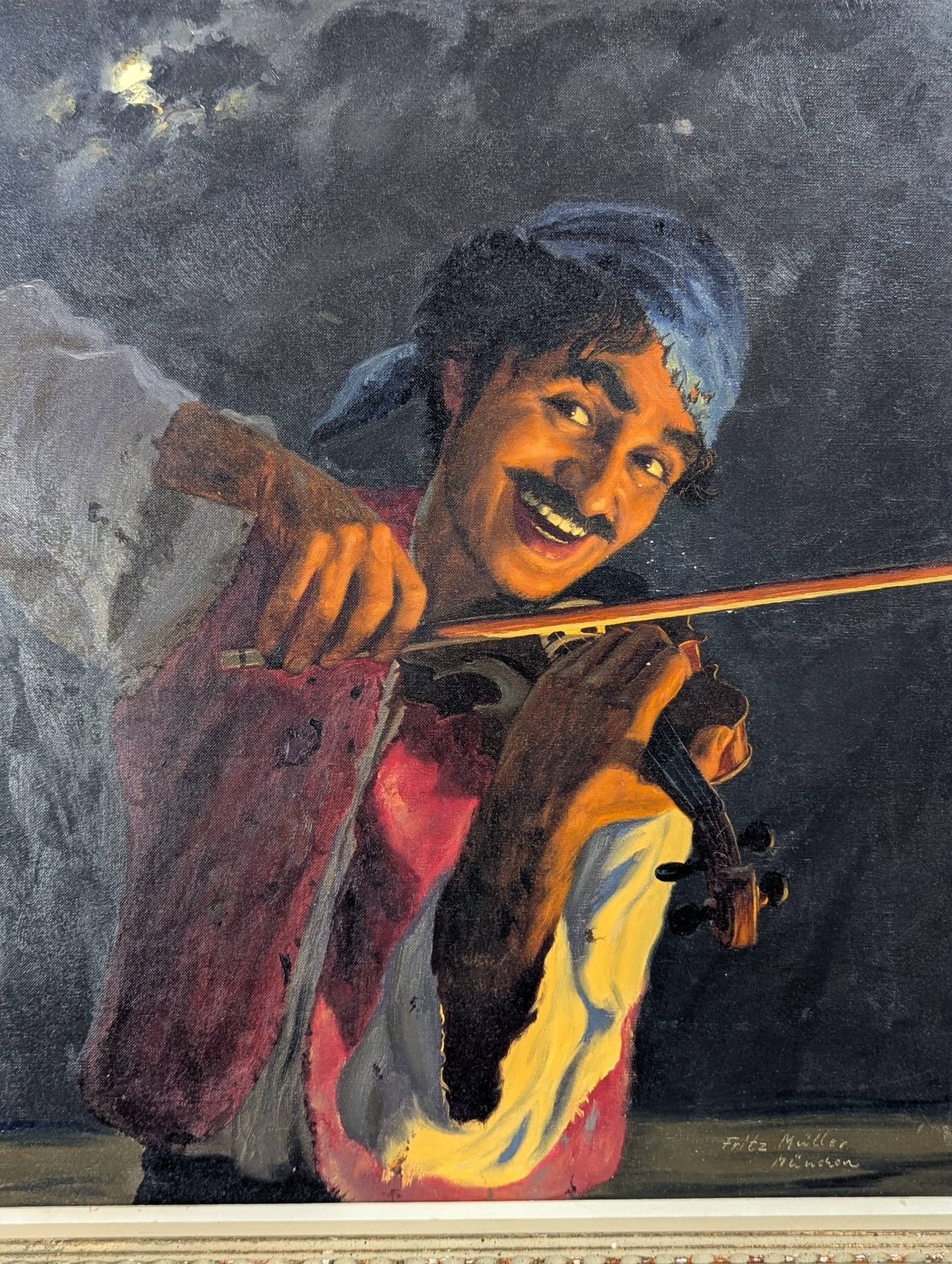 Oil Painting of Fiddler Signed Fritz Muller - 2
