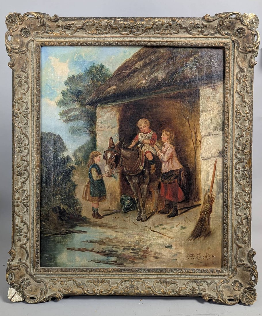 The Pet Donkey by John Locker Depicting Children With a Donkey in Rustic Scene: Oil on canvas painting titled 'The Pet Donkey' by John Locker (1862-1872), depicting a rustic scene of three children and a donkey in front of a thatched building. The painting dimensions are 20 inche