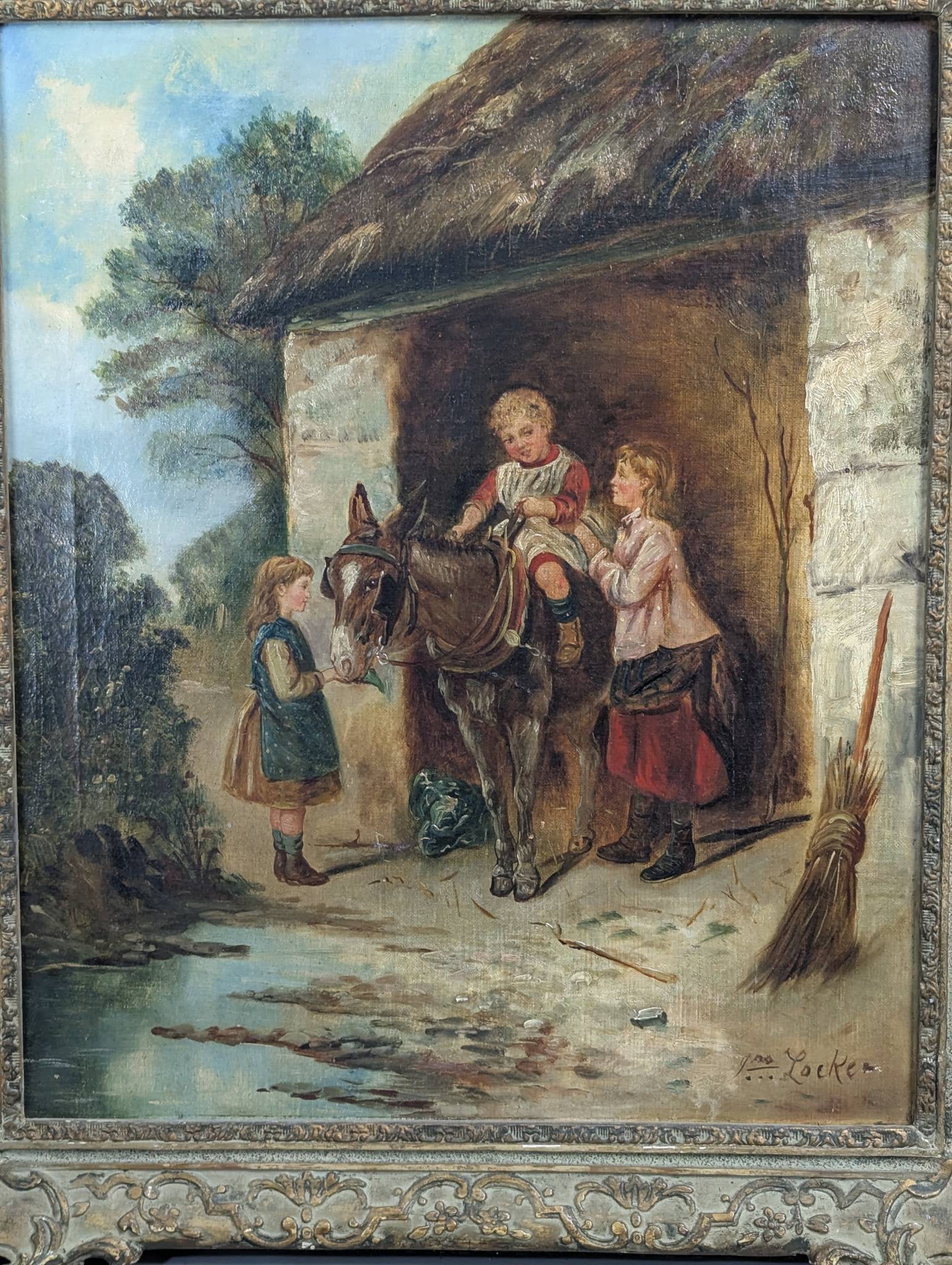 The Pet Donkey by John Locker Depicting Children With a Donkey in Rustic Scene - 2