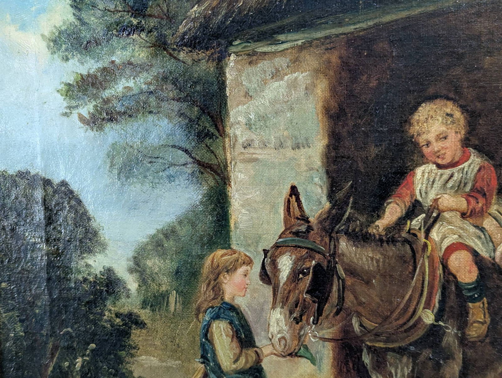 The Pet Donkey by John Locker Depicting Children With a Donkey in Rustic Scene - 5