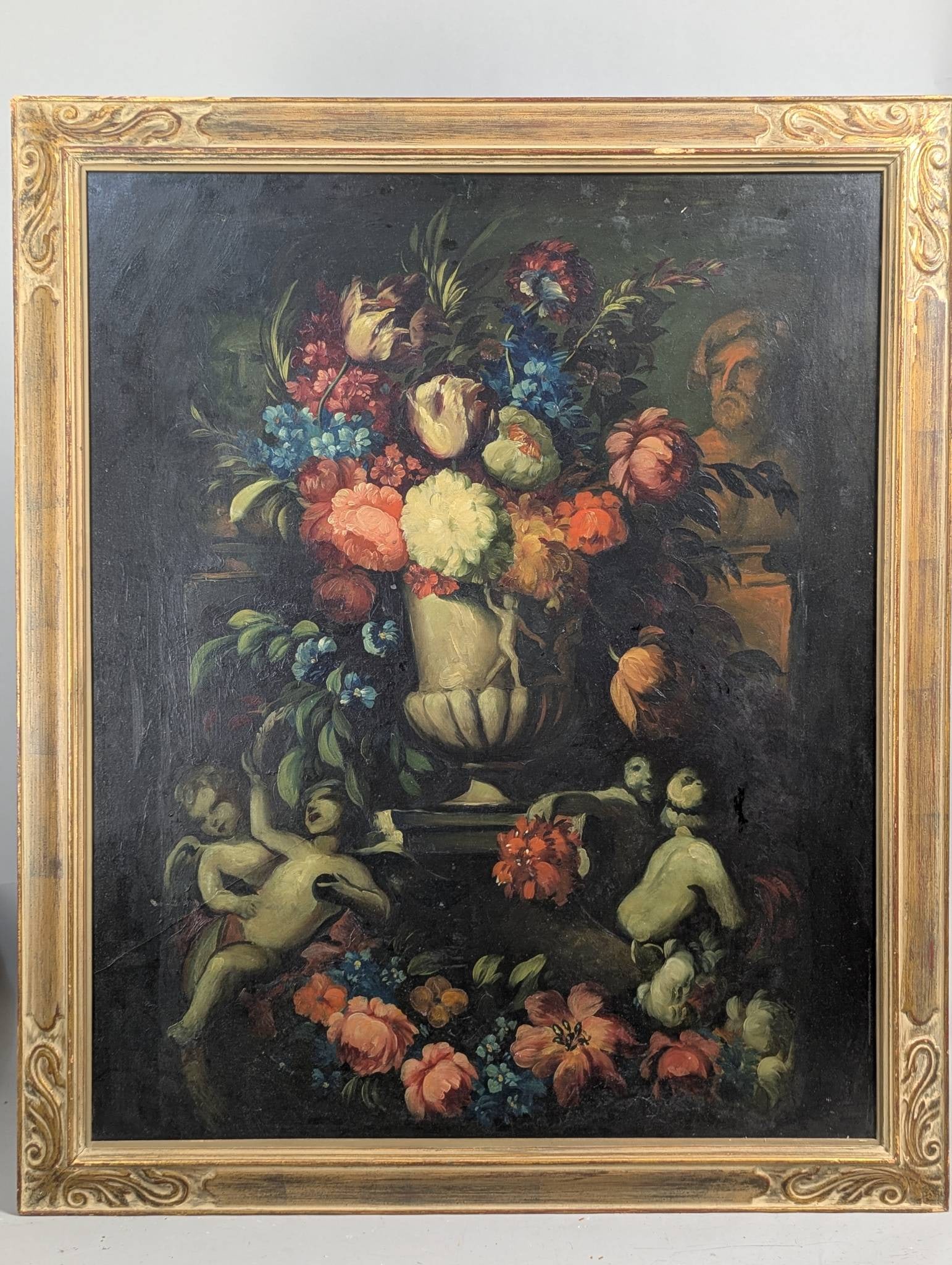 Oil on Board Still Life with Flowers and Cherubs, Antique, Newman Galleries (1 of 16)