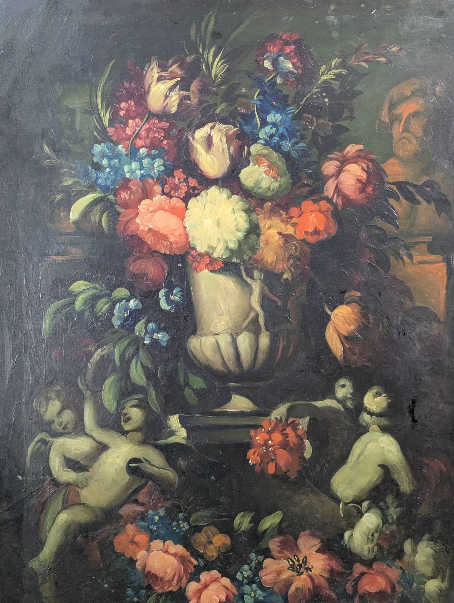 Oil on Board Still Life with Flowers and Cherubs, Antique, Newman Galleries - 2