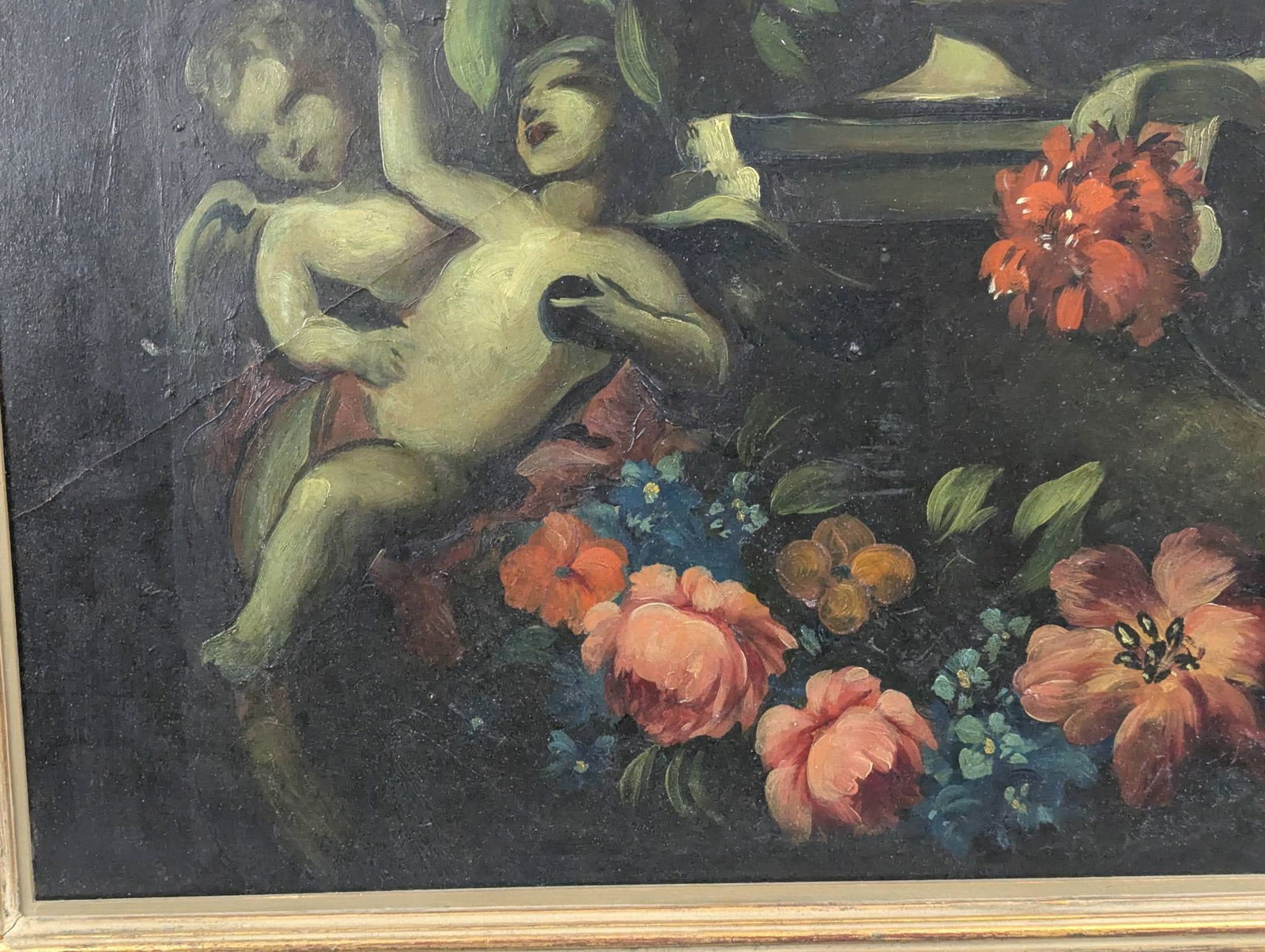 Oil on Board Still Life with Flowers and Cherubs, Antique, Newman Galleries - 9