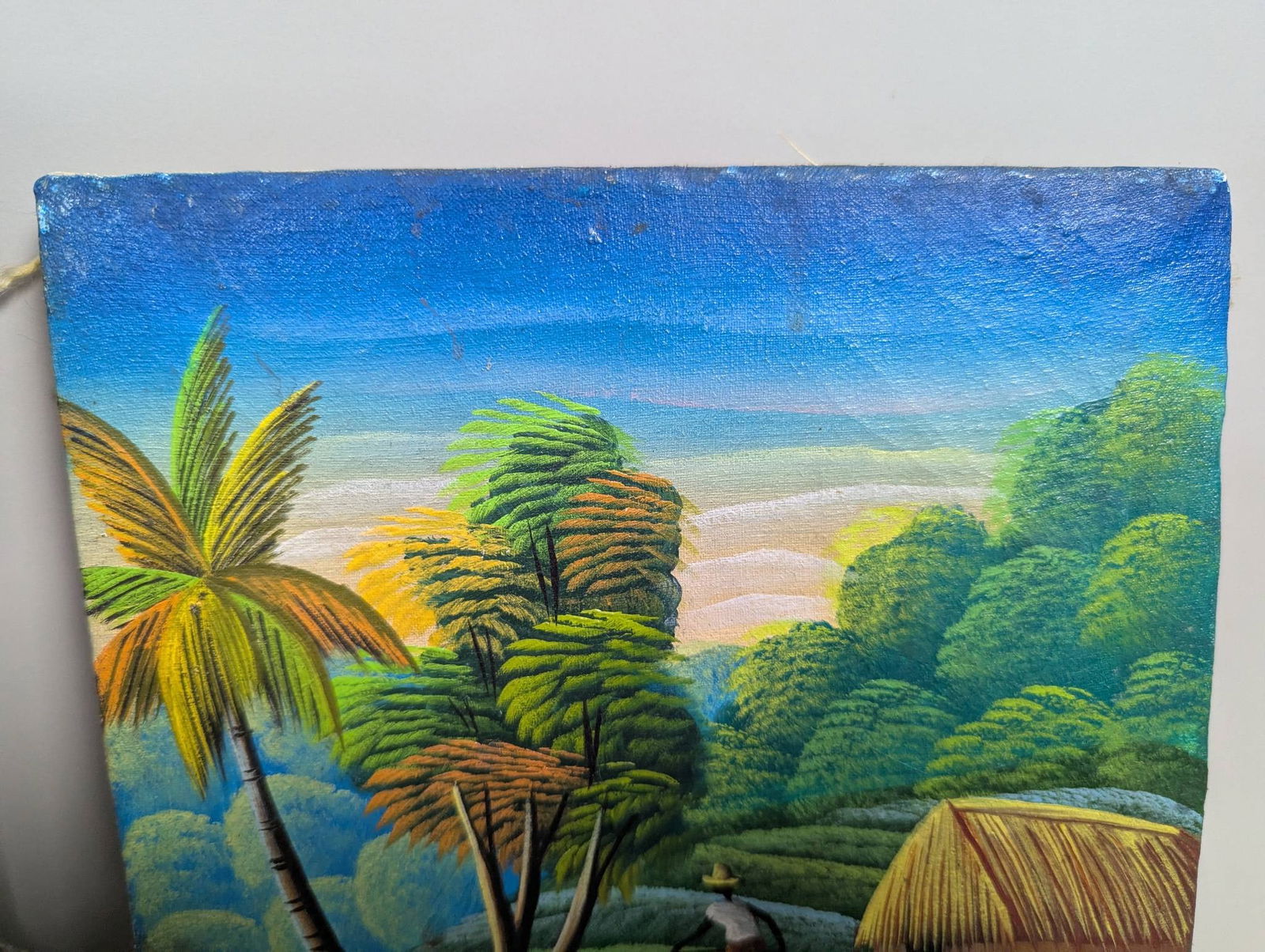 Haitian Folk Art Oil Painting Depicting Tropical Village by P Rene - 2
