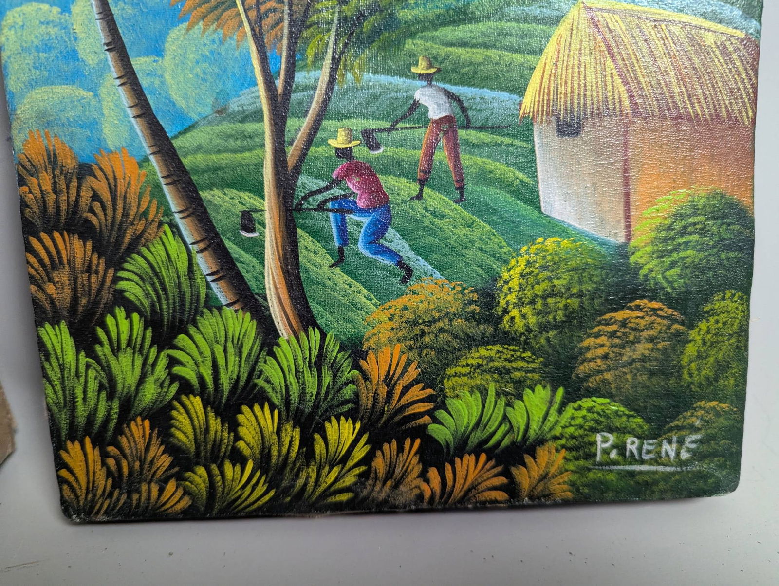 Haitian Folk Art Oil Painting Depicting Tropical Village by P Rene - 4