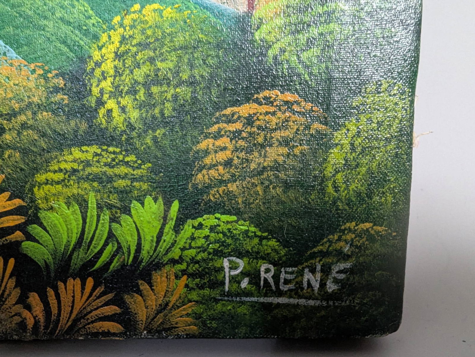 Haitian Folk Art Oil Painting Depicting Tropical Village by P Rene - 5