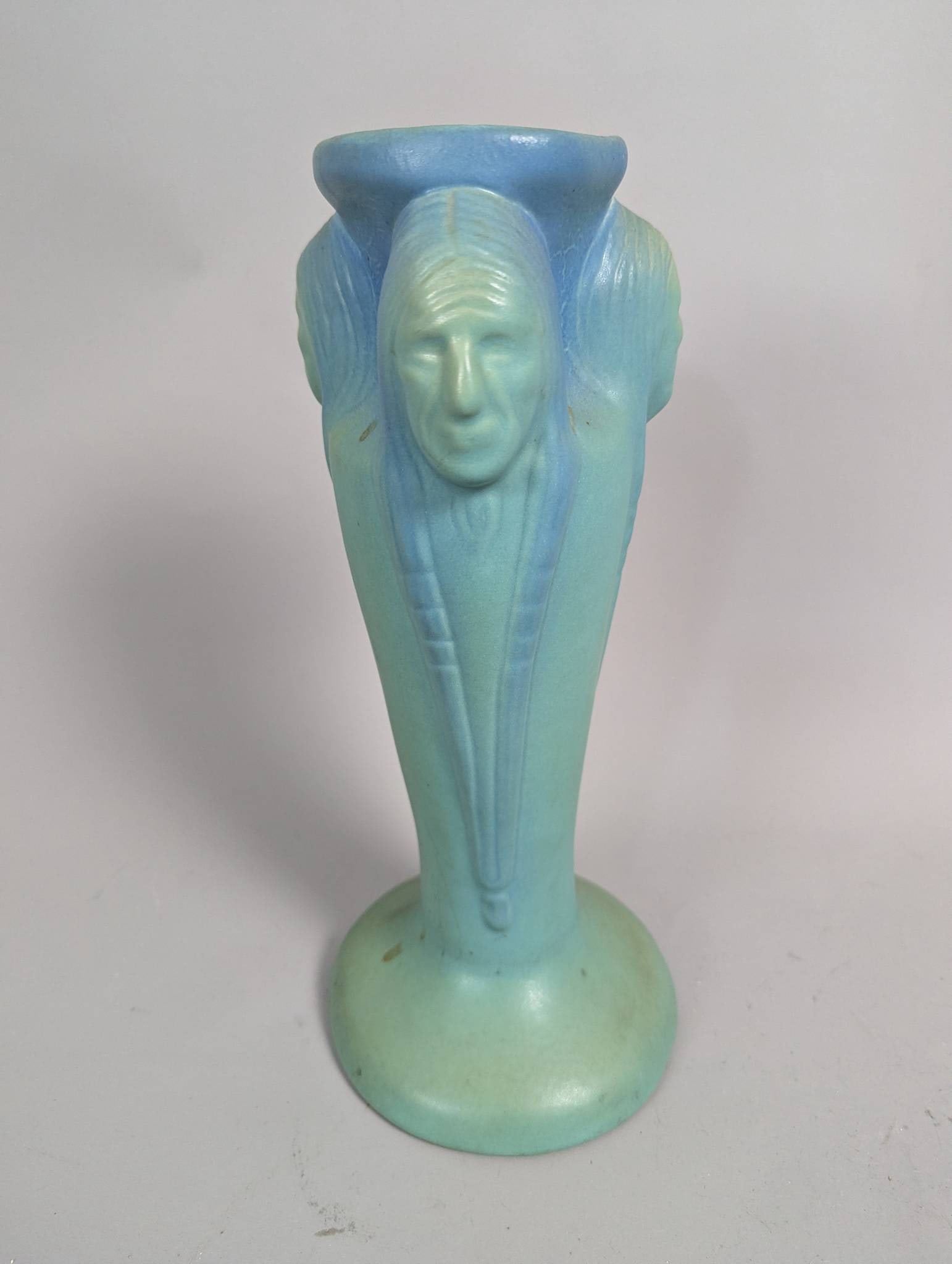 Van Briggle Indian Head Art Pottery Vase in Light Blue and Green Glaze - 2