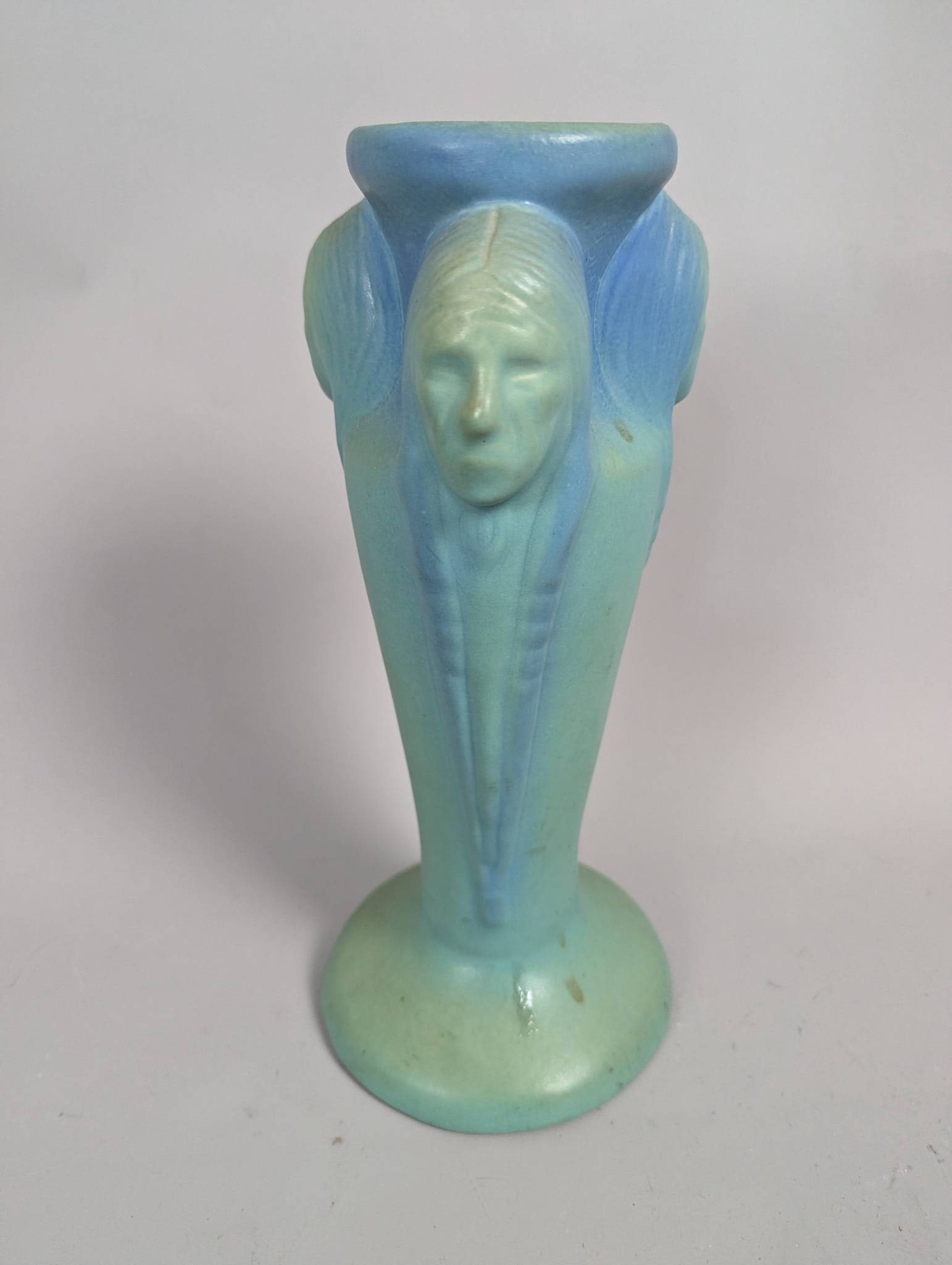 Van Briggle Indian Head Art Pottery Vase in Light Blue and Green Glaze - 3