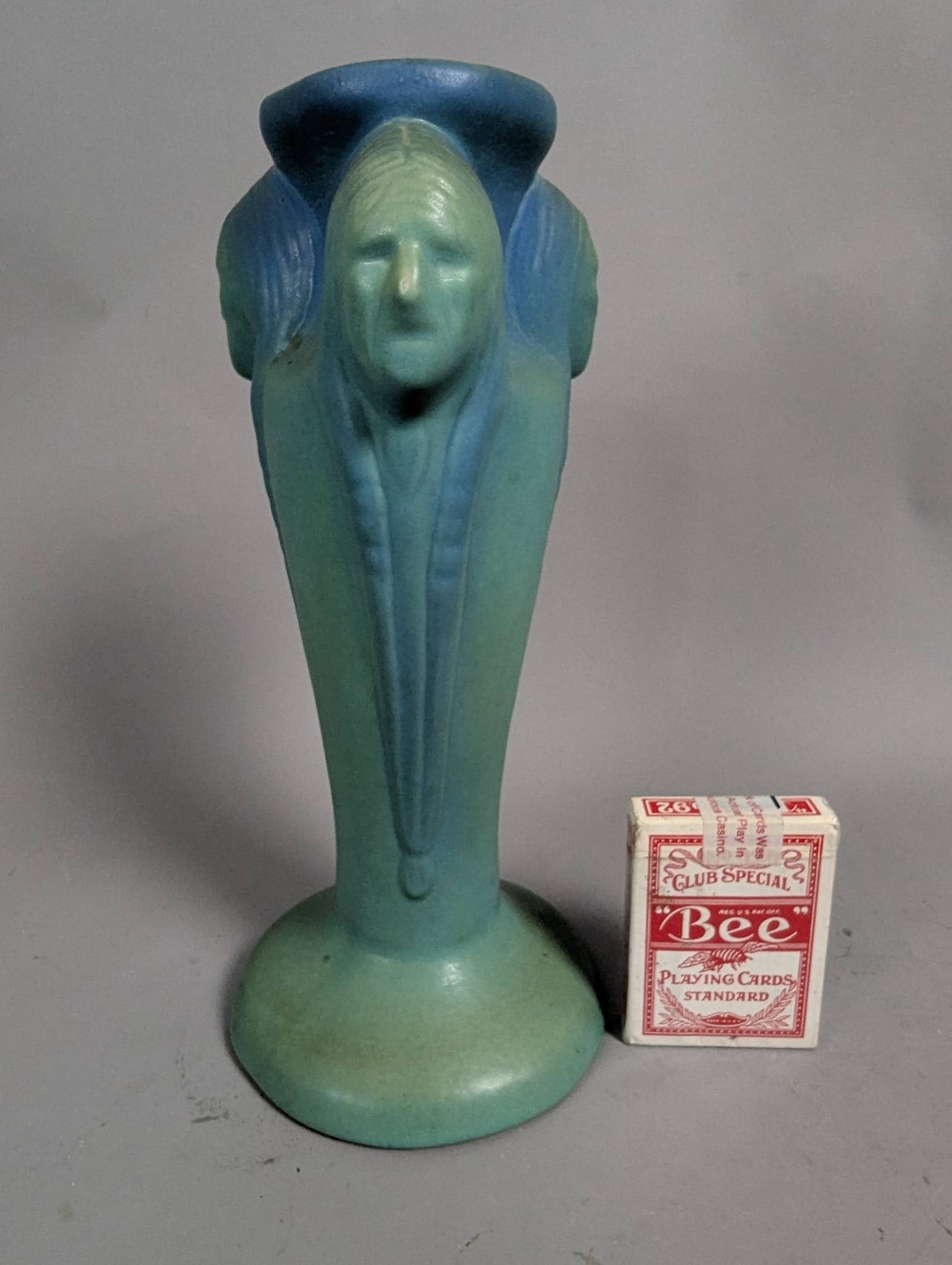 Van Briggle Indian Head Art Pottery Vase in Light Blue and Green Glaze - 6