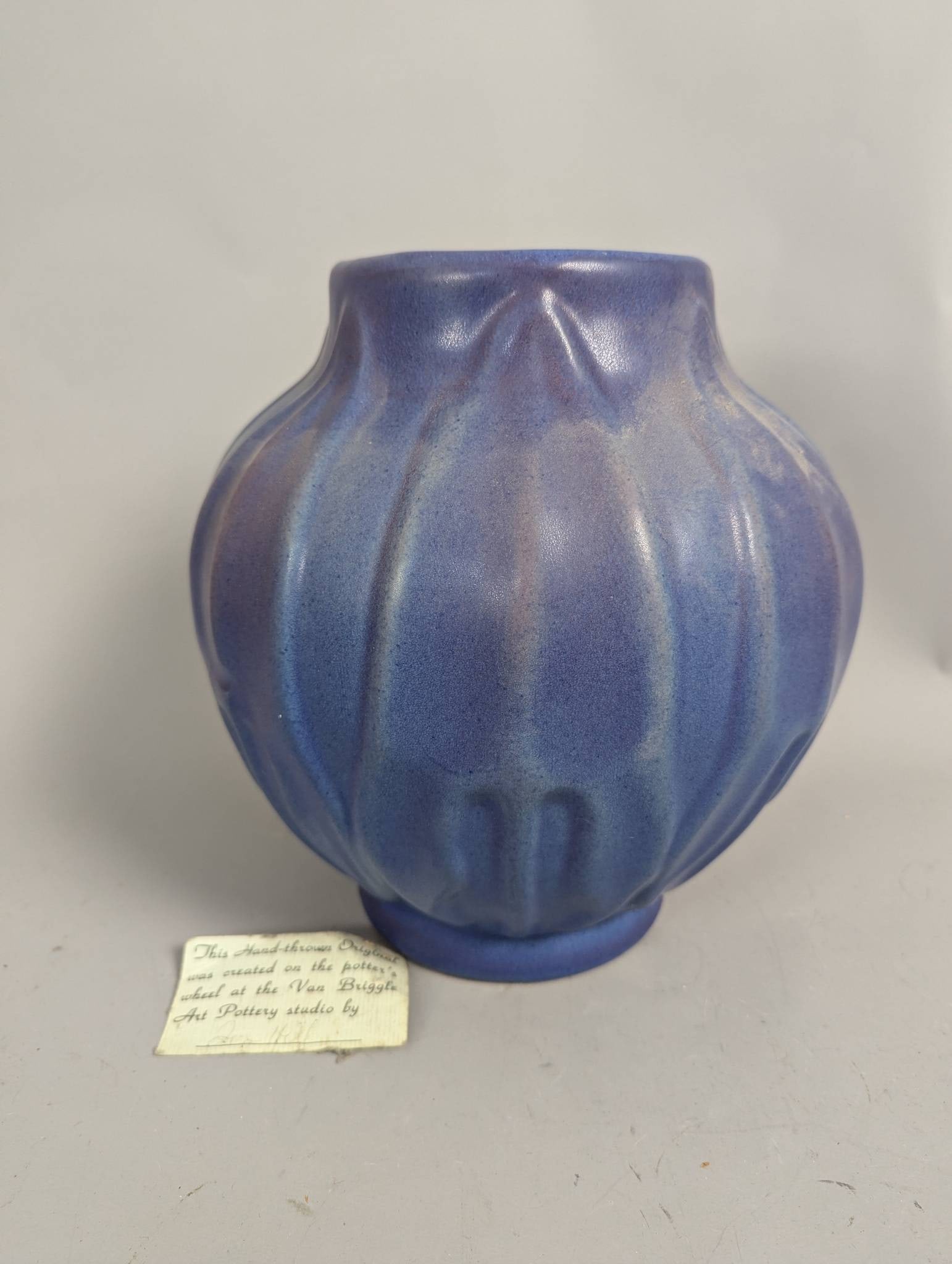 Van Briggle Art Pottery Vase with Embossed Leaf Design and Blue Matte Glaze (1 of 8)