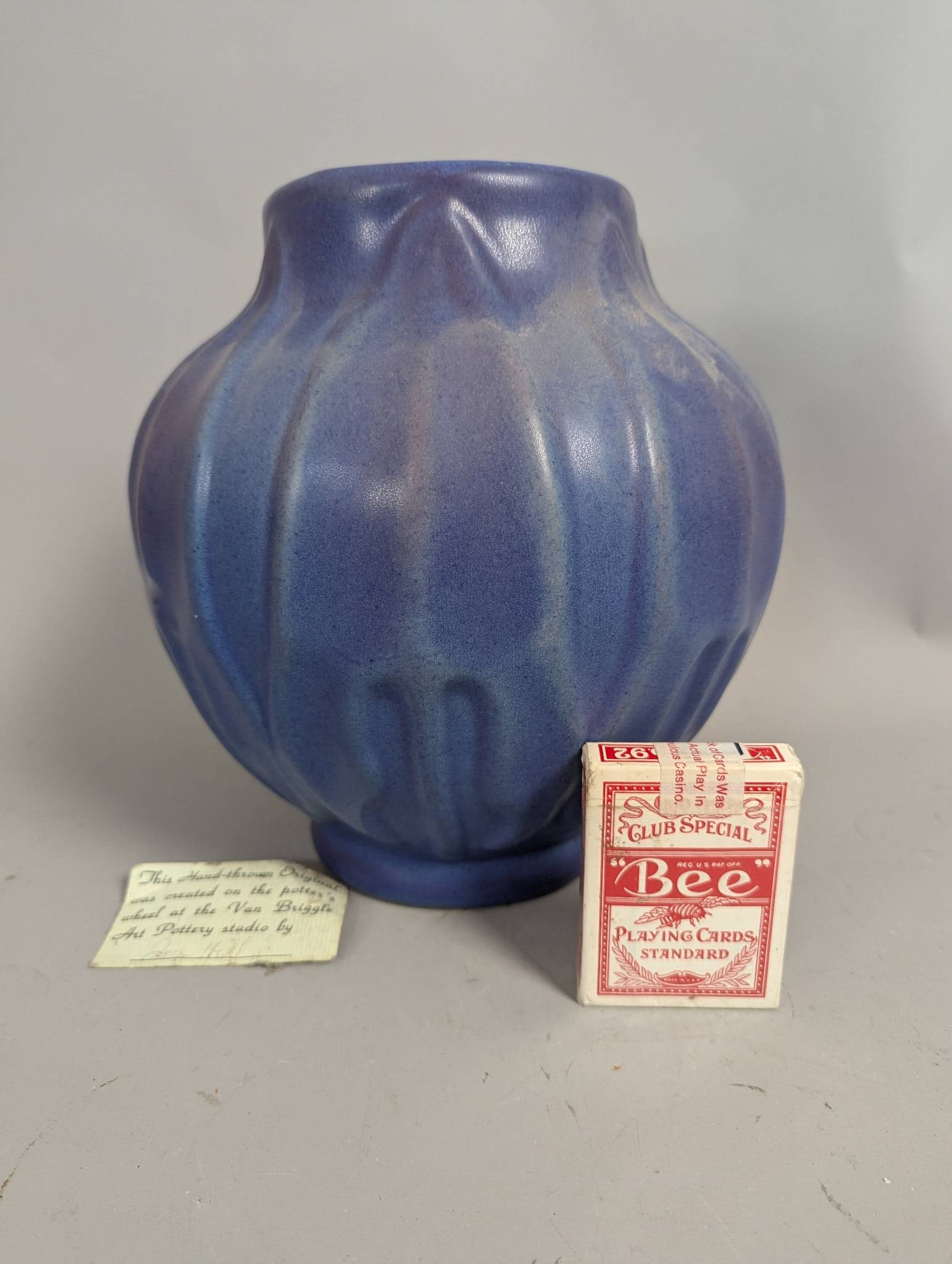 Van Briggle Art Pottery Vase with Embossed Leaf Design and Blue Matte Glaze - 2