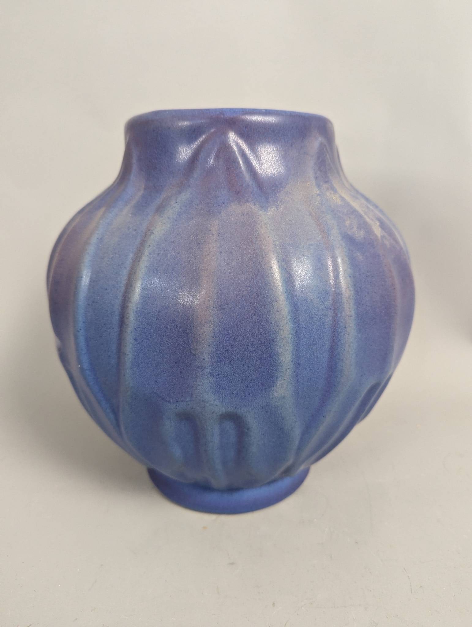 Van Briggle Art Pottery Vase with Embossed Leaf Design and Blue Matte Glaze - 3