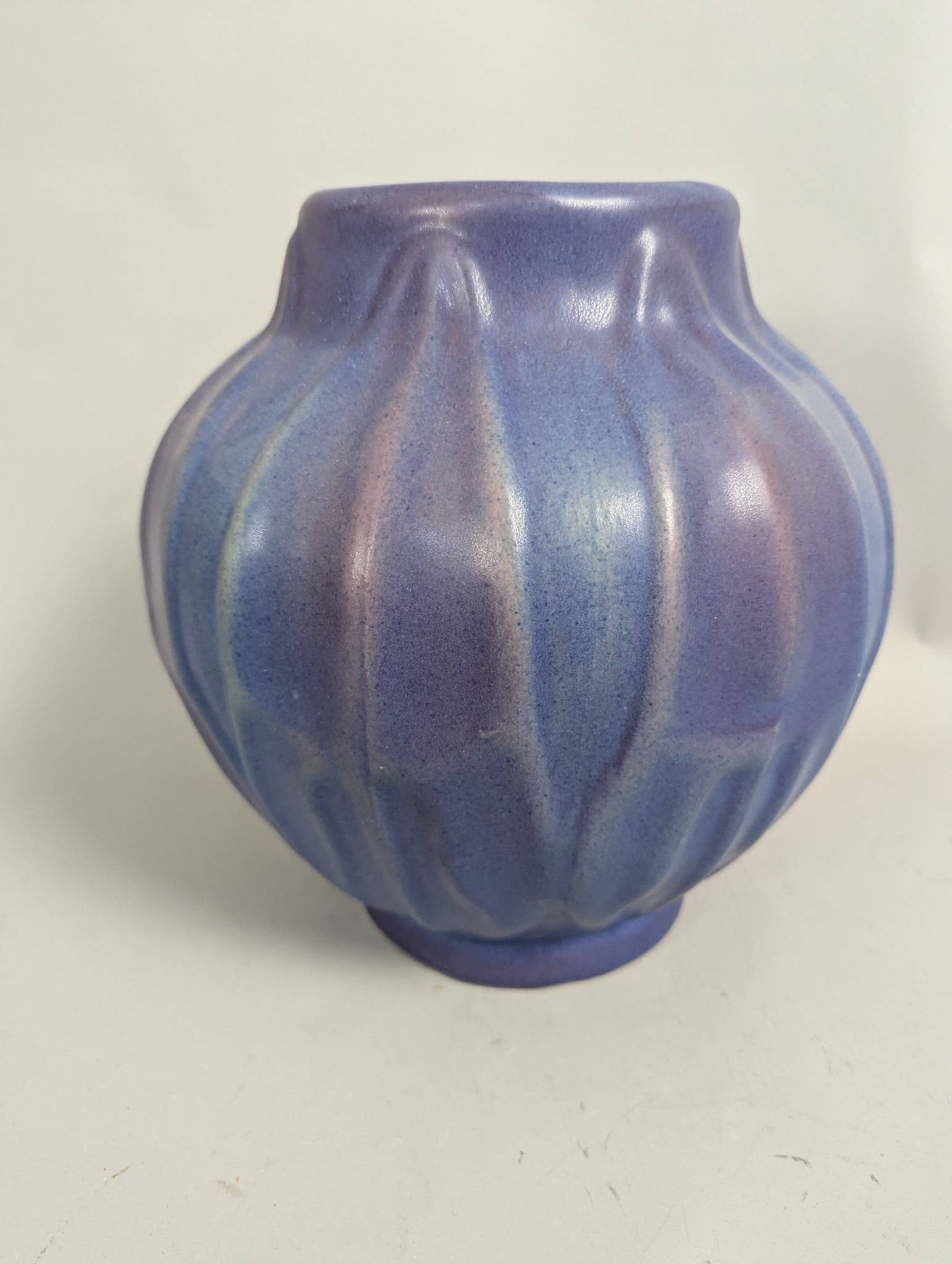 Van Briggle Art Pottery Vase with Embossed Leaf Design and Blue Matte Glaze - 4