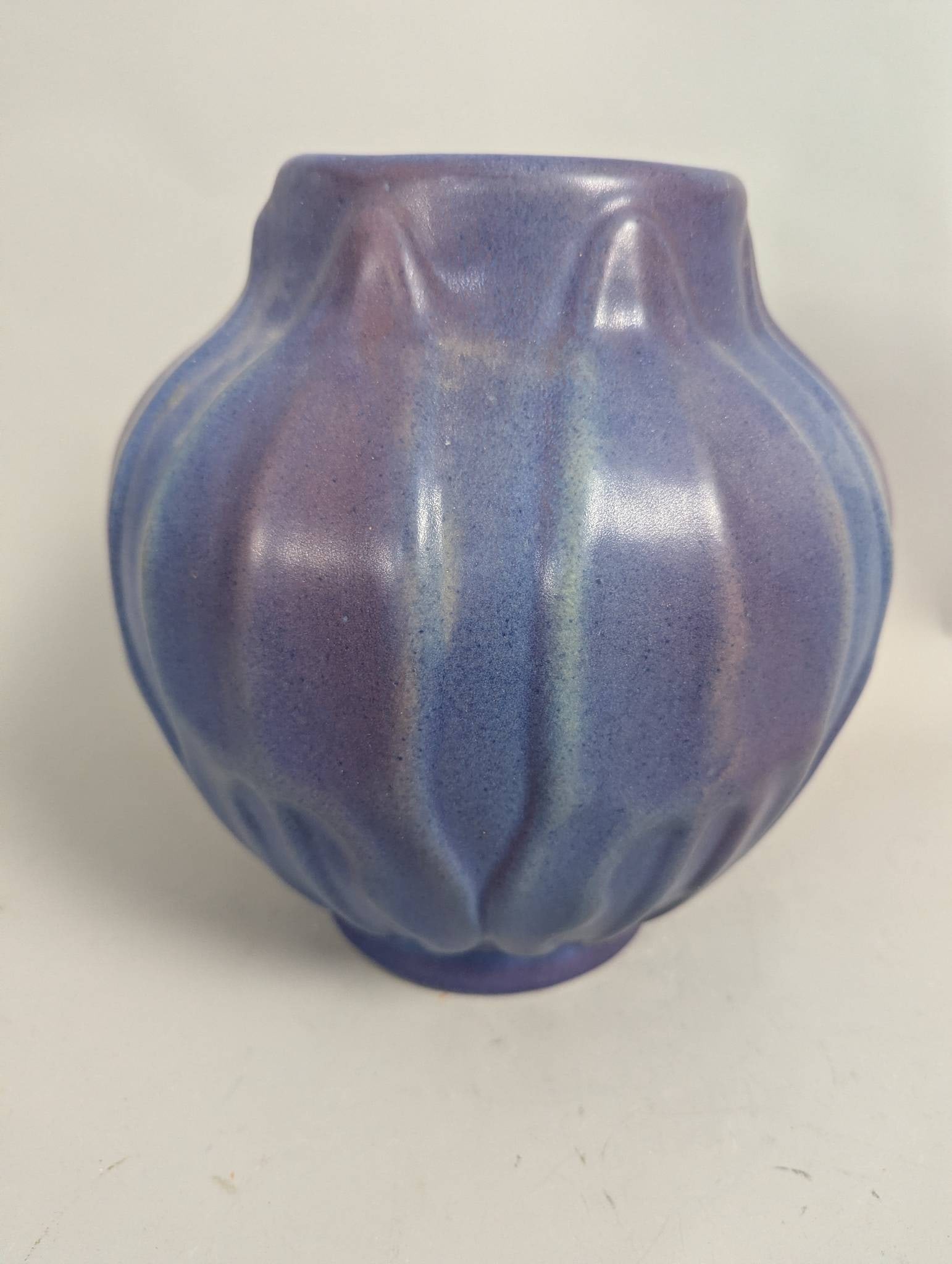 Van Briggle Art Pottery Vase with Embossed Leaf Design and Blue Matte Glaze - 5