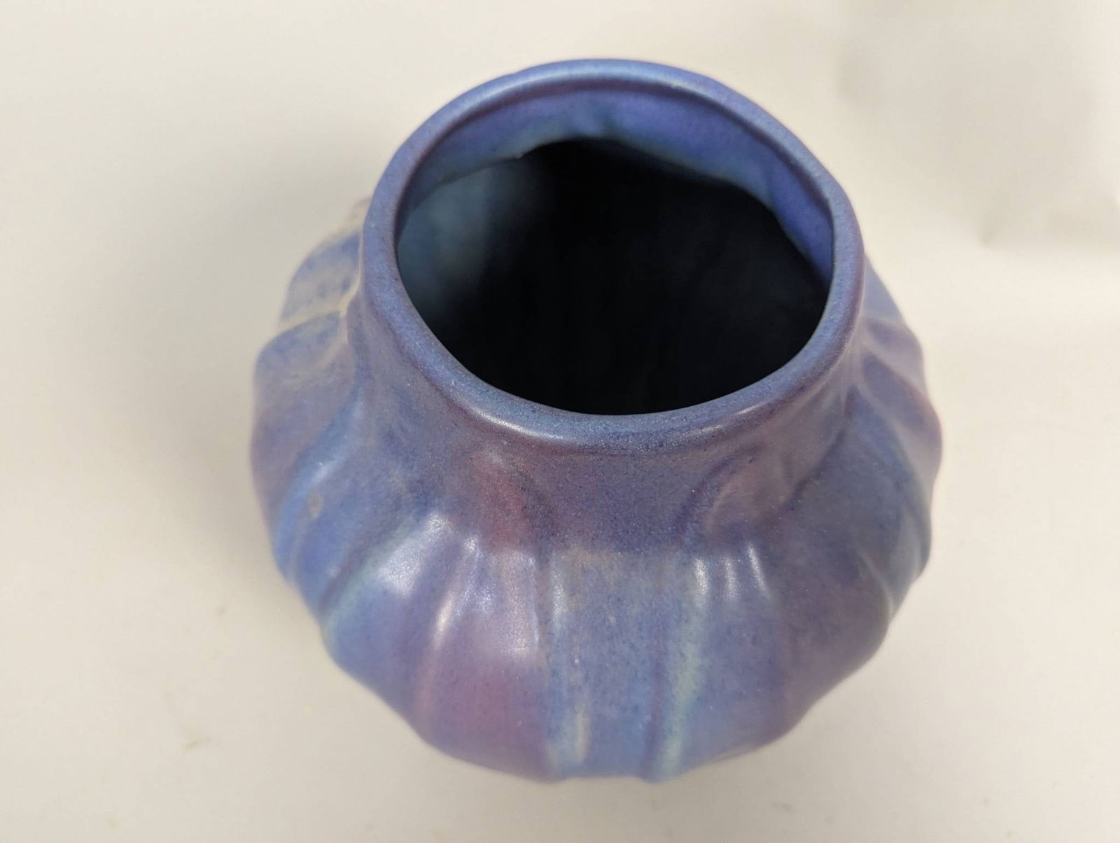 Van Briggle Art Pottery Vase with Embossed Leaf Design and Blue Matte Glaze - 6