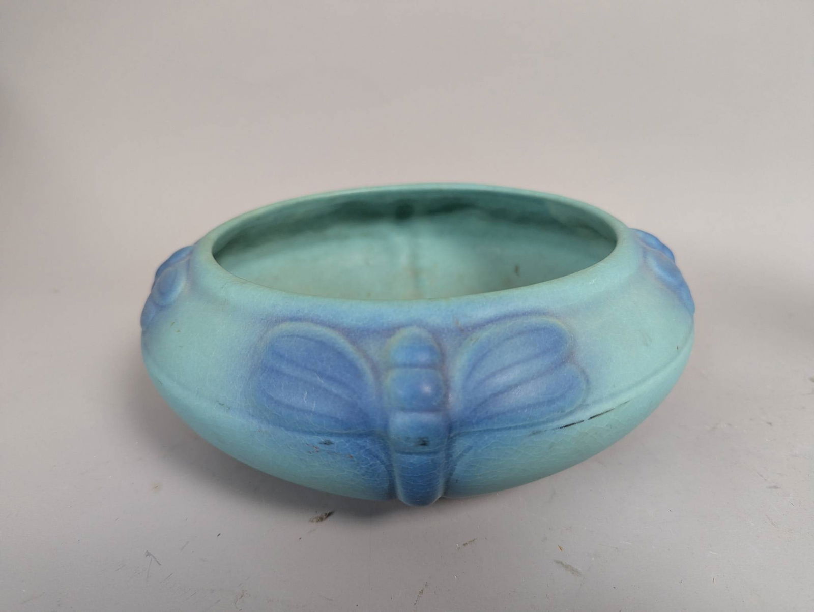 Van Briggle Pottery Low Bowl with Dragonfly Design in Matte Blue Glaze (1 of 6)