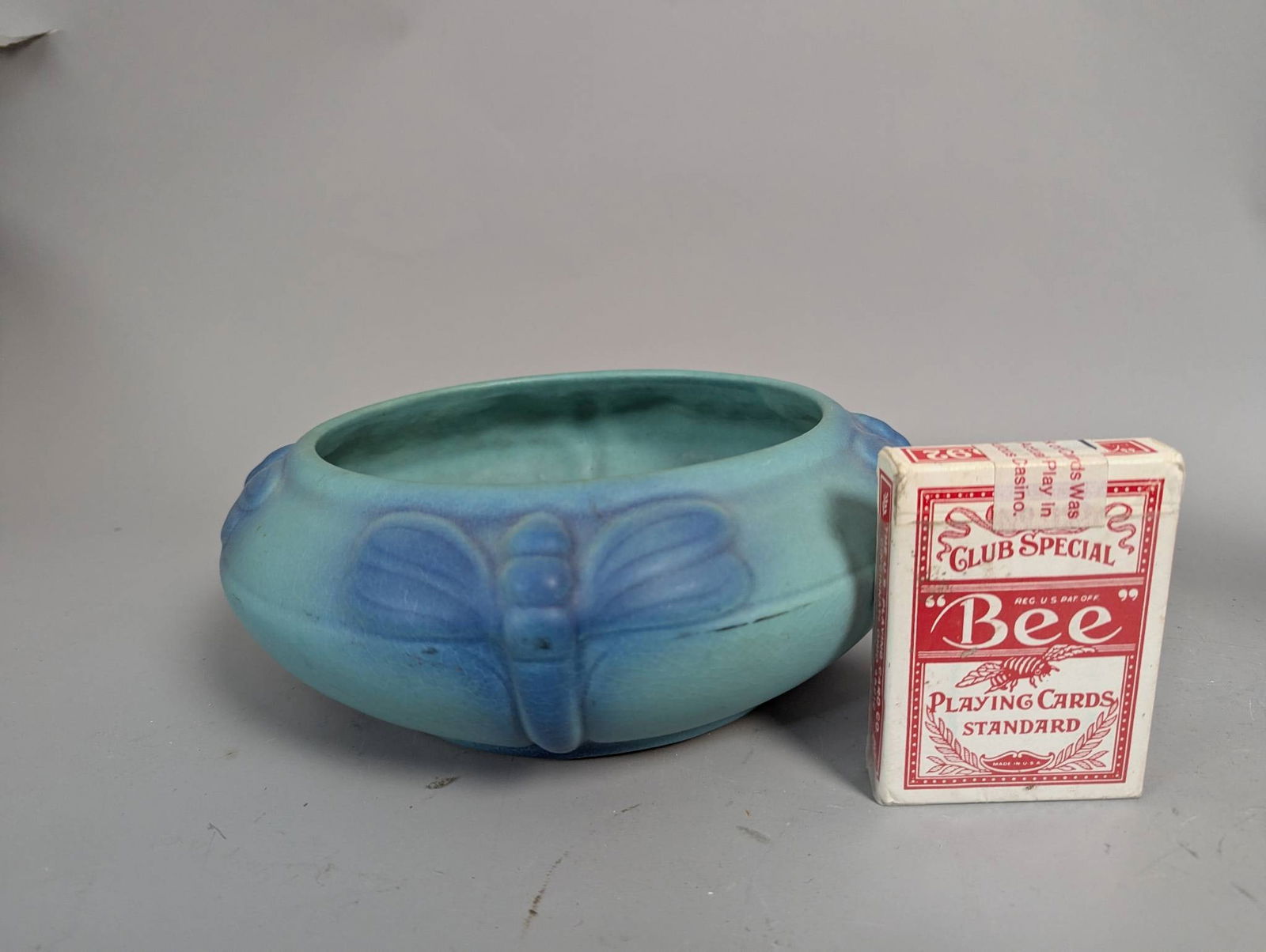 Van Briggle Pottery Low Bowl with Dragonfly Design in Matte Blue Glaze - 2