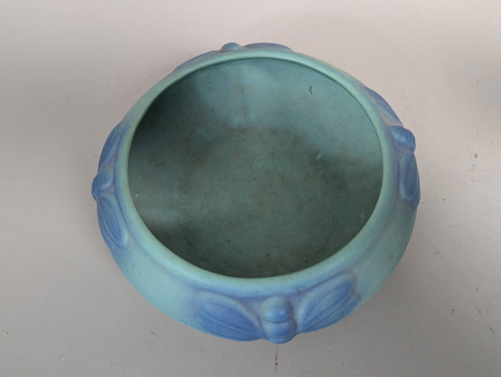 Van Briggle Pottery Low Bowl with Dragonfly Design in Matte Blue Glaze - 3