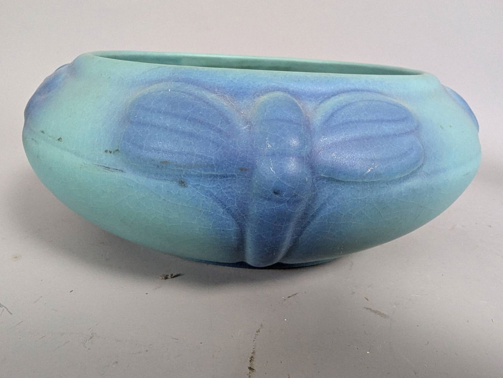 Van Briggle Pottery Low Bowl with Dragonfly Design in Matte Blue Glaze - 4