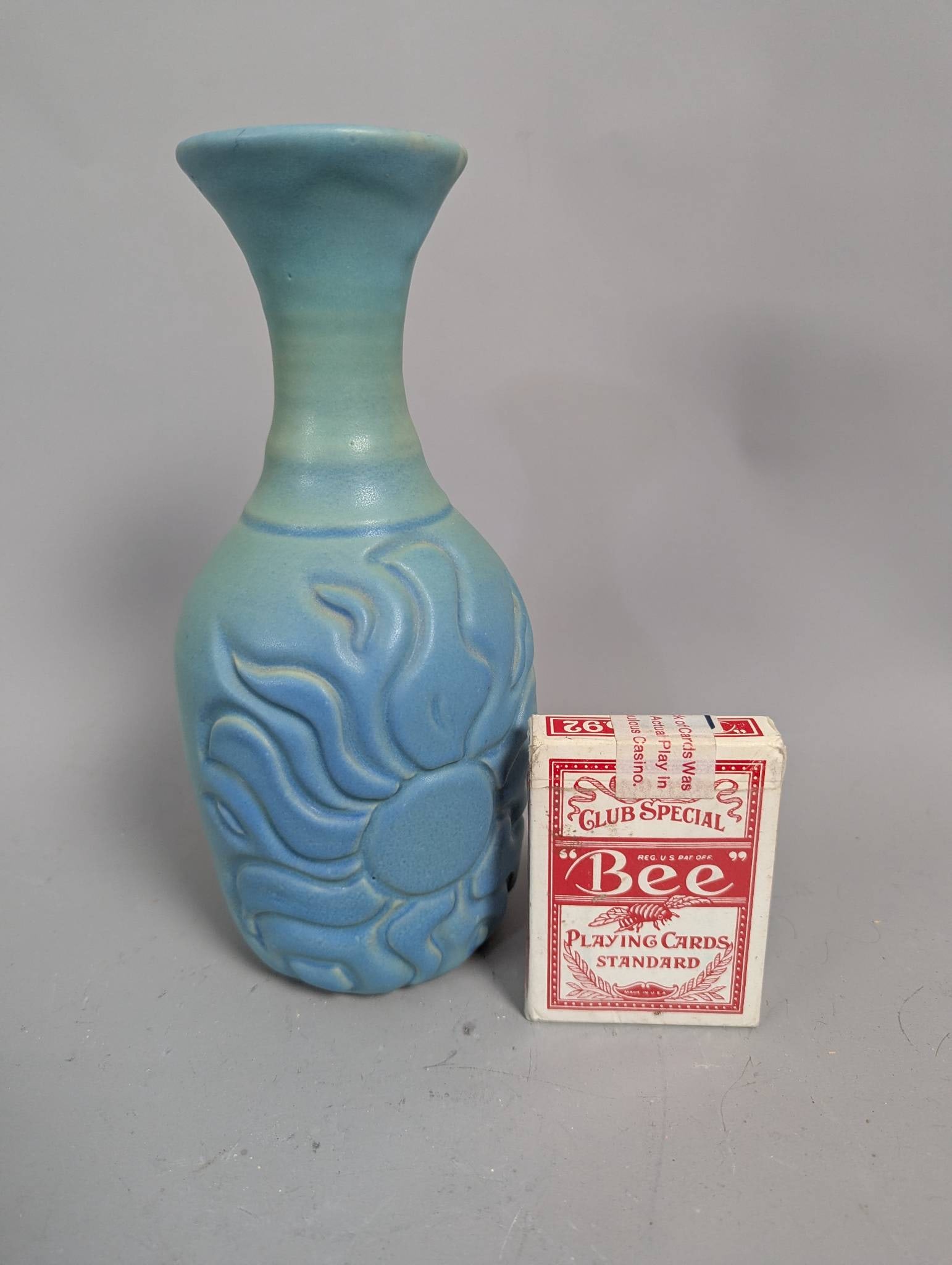 Van Briggle Turquoise Matte Glaze Vase with Sun or Floral Design - 4