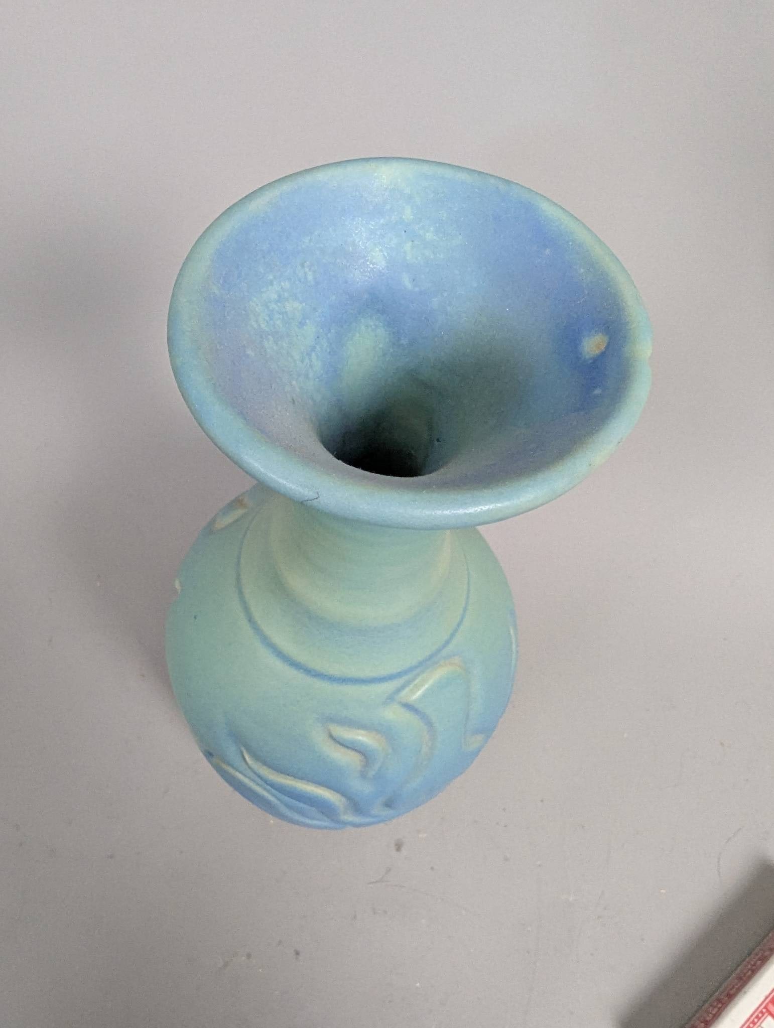 Van Briggle Turquoise Matte Glaze Vase with Sun or Floral Design - 5