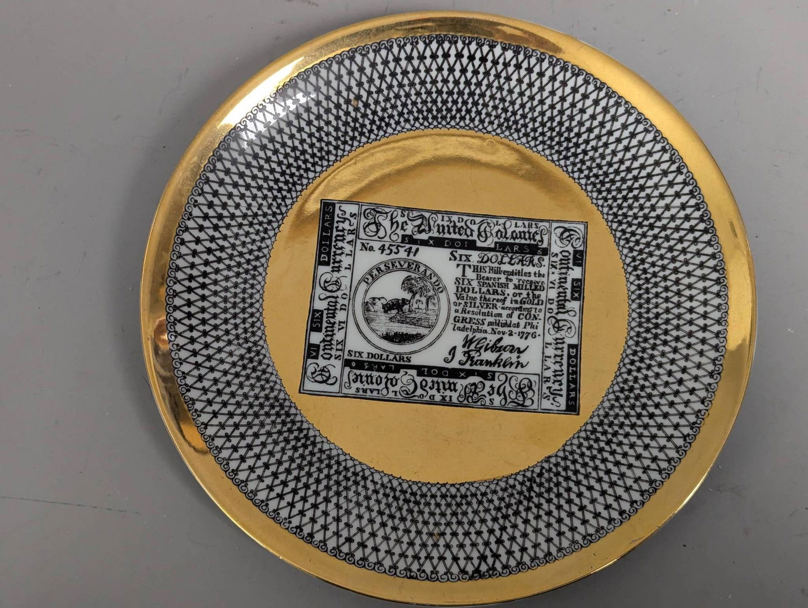 Piero Fornasetti Porcelain Plate &Â Ashtray with Continental Currency Design - 3