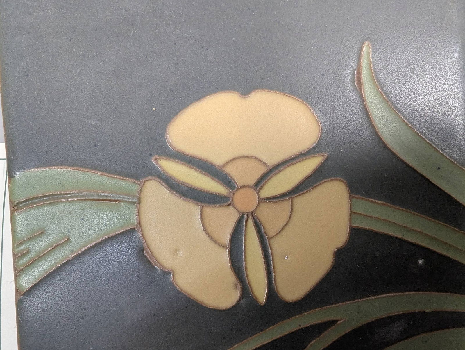 Van Briggle Art Pottery Tile with Iris Motif in Matte Green and Yellow Glaze - 2