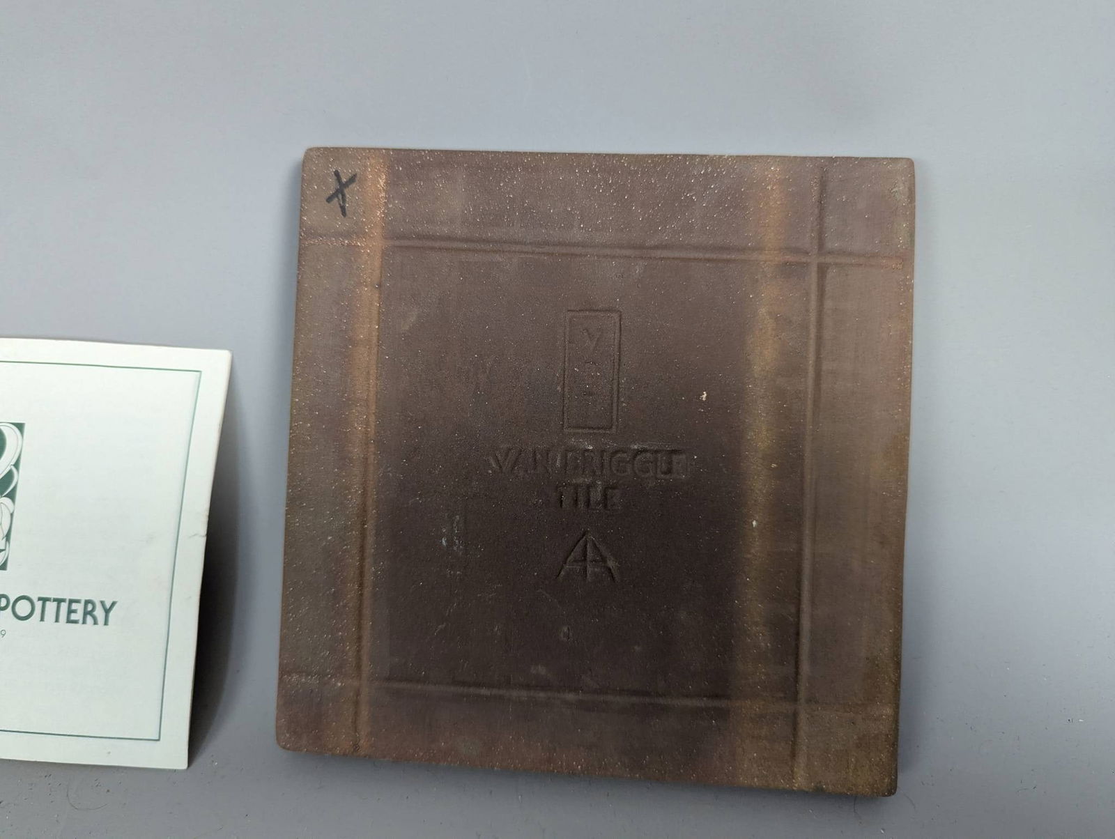 Van Briggle Art Pottery Tile with Iris Motif in Matte Green and Yellow Glaze - 3