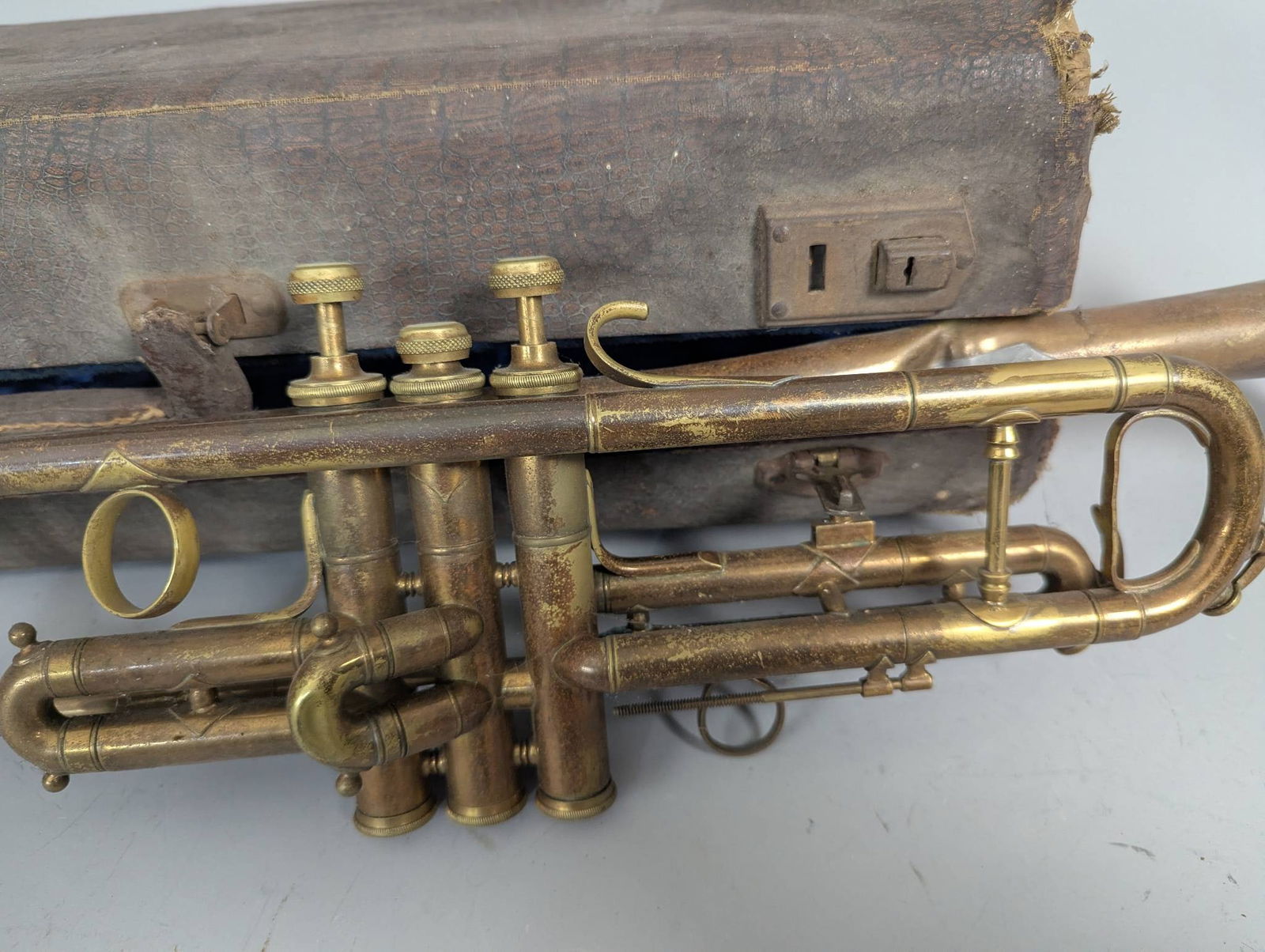Antique Brass Trumpet with Silver Plate Mouthpiece and Case - 2
