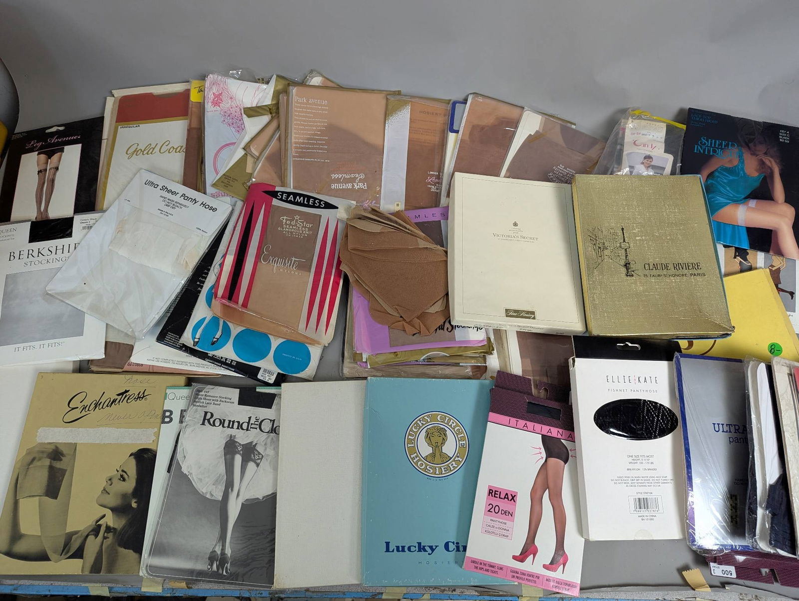 Vintage Stockings and Pantyhose from Various Brands and Styles: Large assortment of vintage stockings and pantyhose from multiple brands, styles, and packaging designs. Included are unopened original packages as well as some loose hosiery pieces. Brands featured