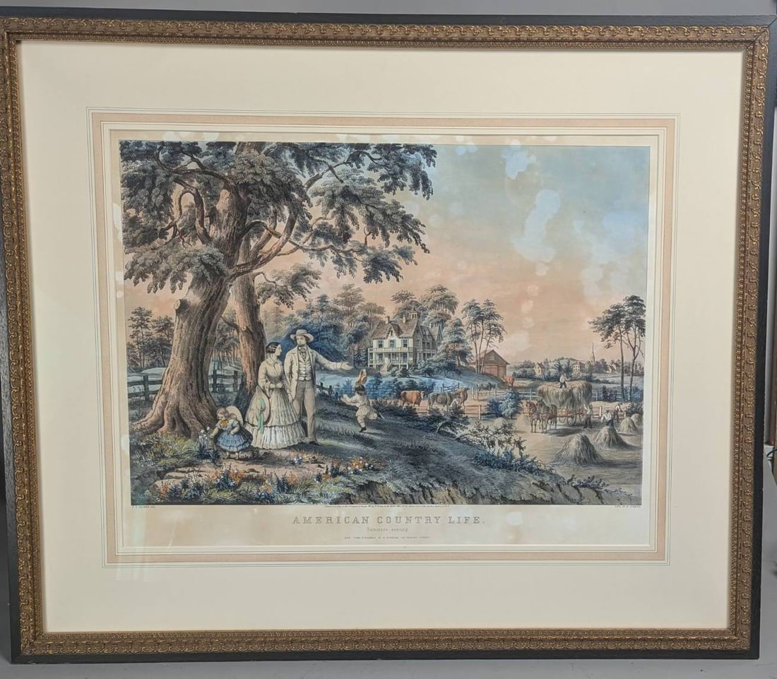 American Country Life Pastoral Evening Hand-Colored Lithograph by Currie: American Country Life, Pastoral Evening, hand-colored lithograph published by Nathaniel Currier. The print is based on artwork by F F Palmer. It measures 26 inches high by 30 inches wide, with an