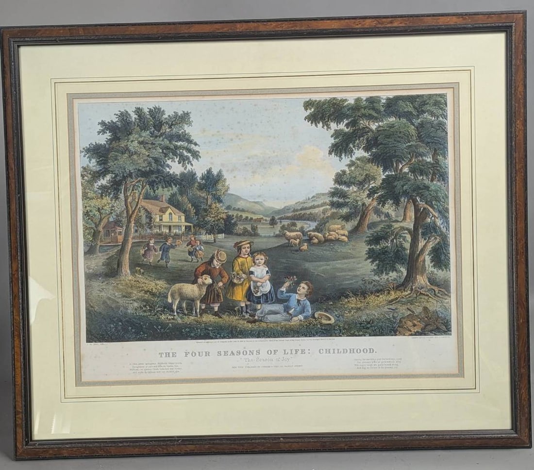 Hand Colored Lithograph by JM Ives Titled The Four Seasons of Life Childhood Currier & Ives: Original hand-colored Currier & I es lithograph titled The Four Seasons of Life Childhood, drawn by F Palmer and lithographed by JM Ives. The artwork depicts a pastoral scene featuring children playin
