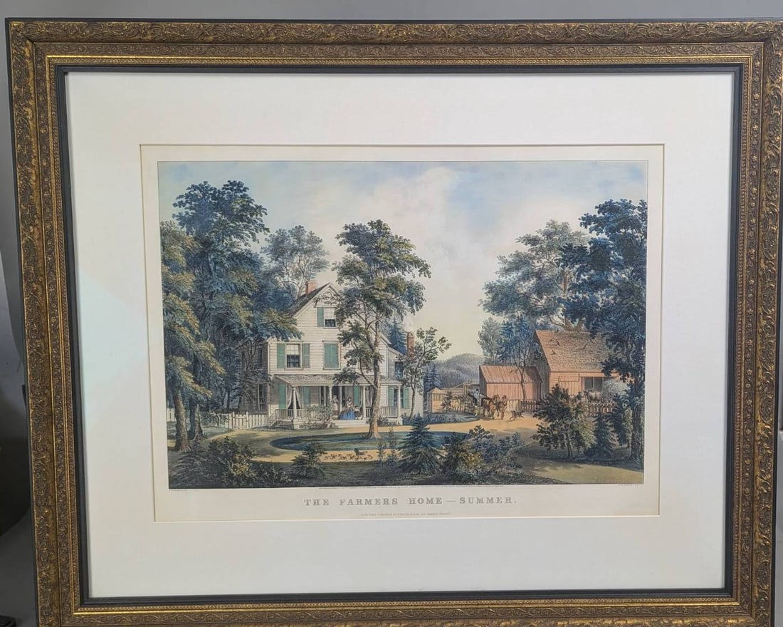 The Farmers Home Summer by Currier and Ives Lithograph: Original lithograph titled The Farmers Home Summer, created by F. F. Palmer and published by Currier and Ives, NY. The outer dimensions are 36 inches high, 30 inches wide, with the image itself measur