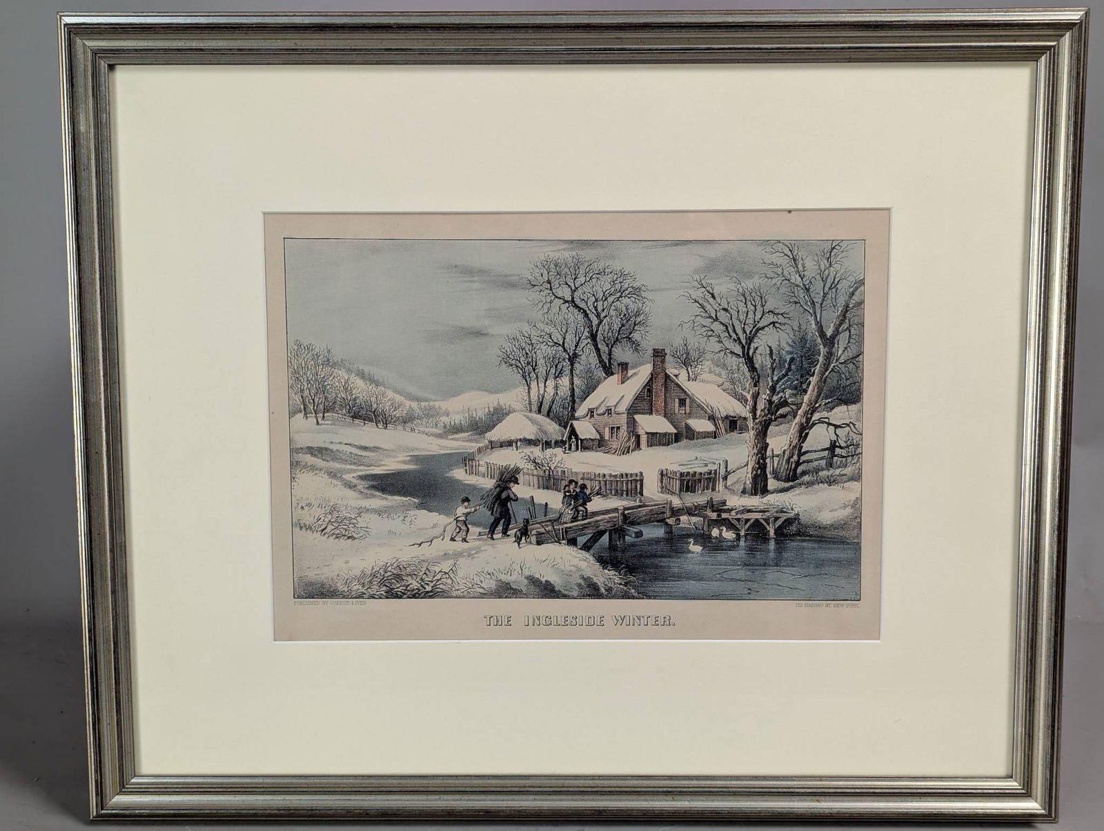 The Ingleside Winter Lithograph by Currier and Ives: Lithograph titled The Ingleside Winter published by Currier and Ives. The full piece measures 22 inches high by 18 inches wide, with the image itself measuring 12 1/2 inches high by 8 inches wide.