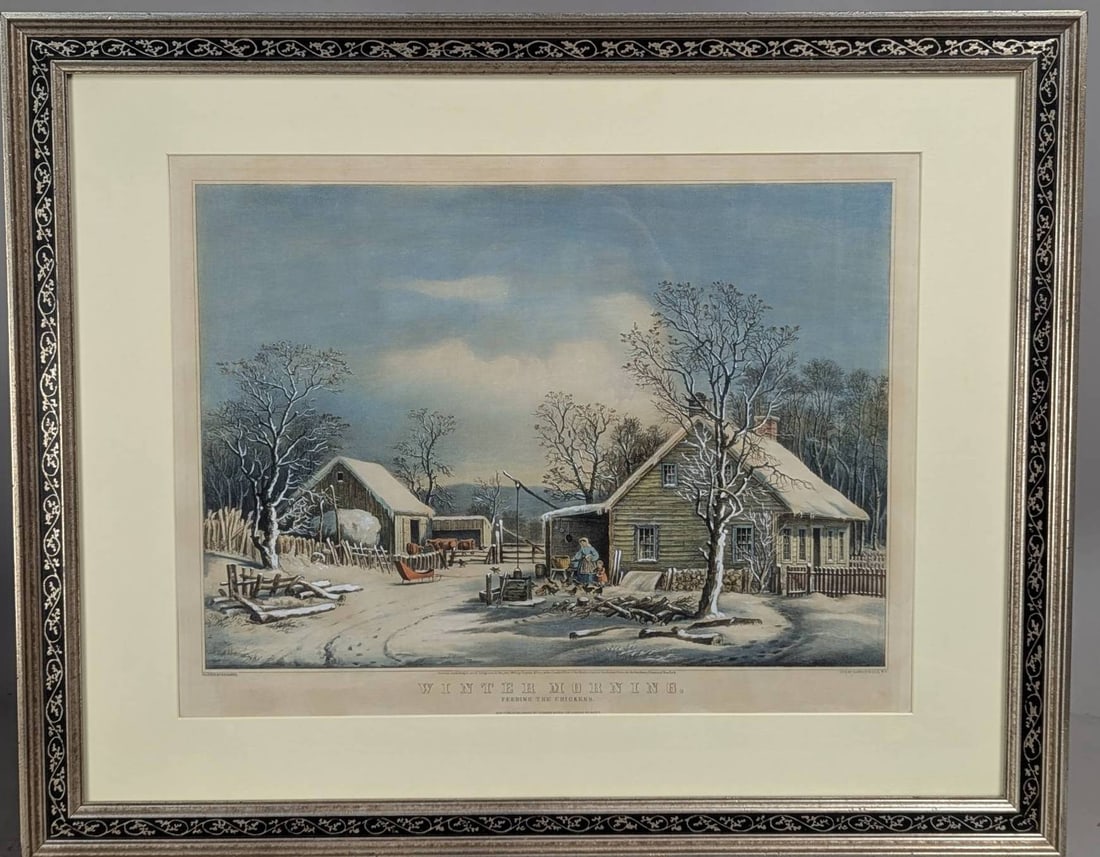 Winter Morning Feeding the Chickens Lithograph by Currier and Ives: Hand-colored lithograph titled Winter Morning Feeding the Chickens, created by Currier and Ives, based on a painting by G.H. Durrie. The framed artwork measures 31 inches high by 25 inches wide, and t