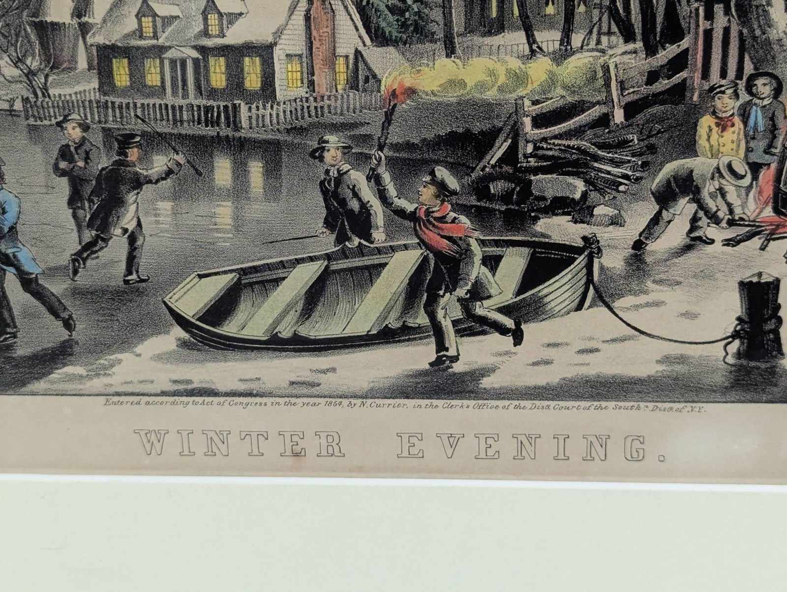N Currier Lithograph Titled Winter Evening with Ornate Frame - 10