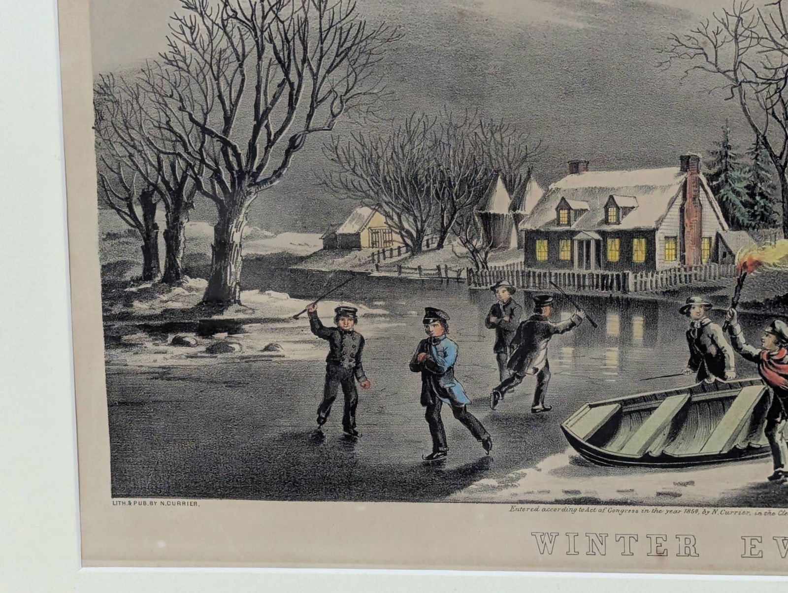 N Currier Lithograph Titled Winter Evening with Ornate Frame - 6