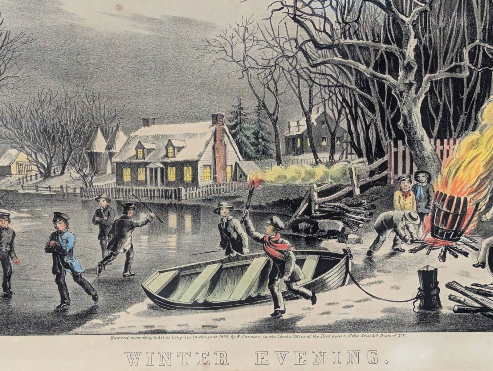 N Currier Lithograph Titled Winter Evening with Ornate Frame - 7