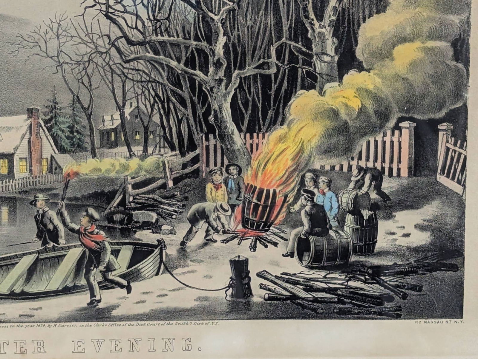 N Currier Lithograph Titled Winter Evening with Ornate Frame - 8