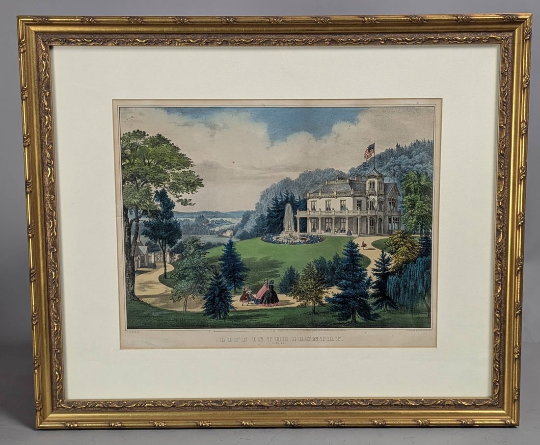 Lithograph by Currier and Ives Depicting Life in the Country Evening: Colored lithograph titled Life in the Country Evening by Currier and Ives, published in New York. The artist is identified as F.F. Palmer. The image shows an idyllic countryside scene featuring a gran