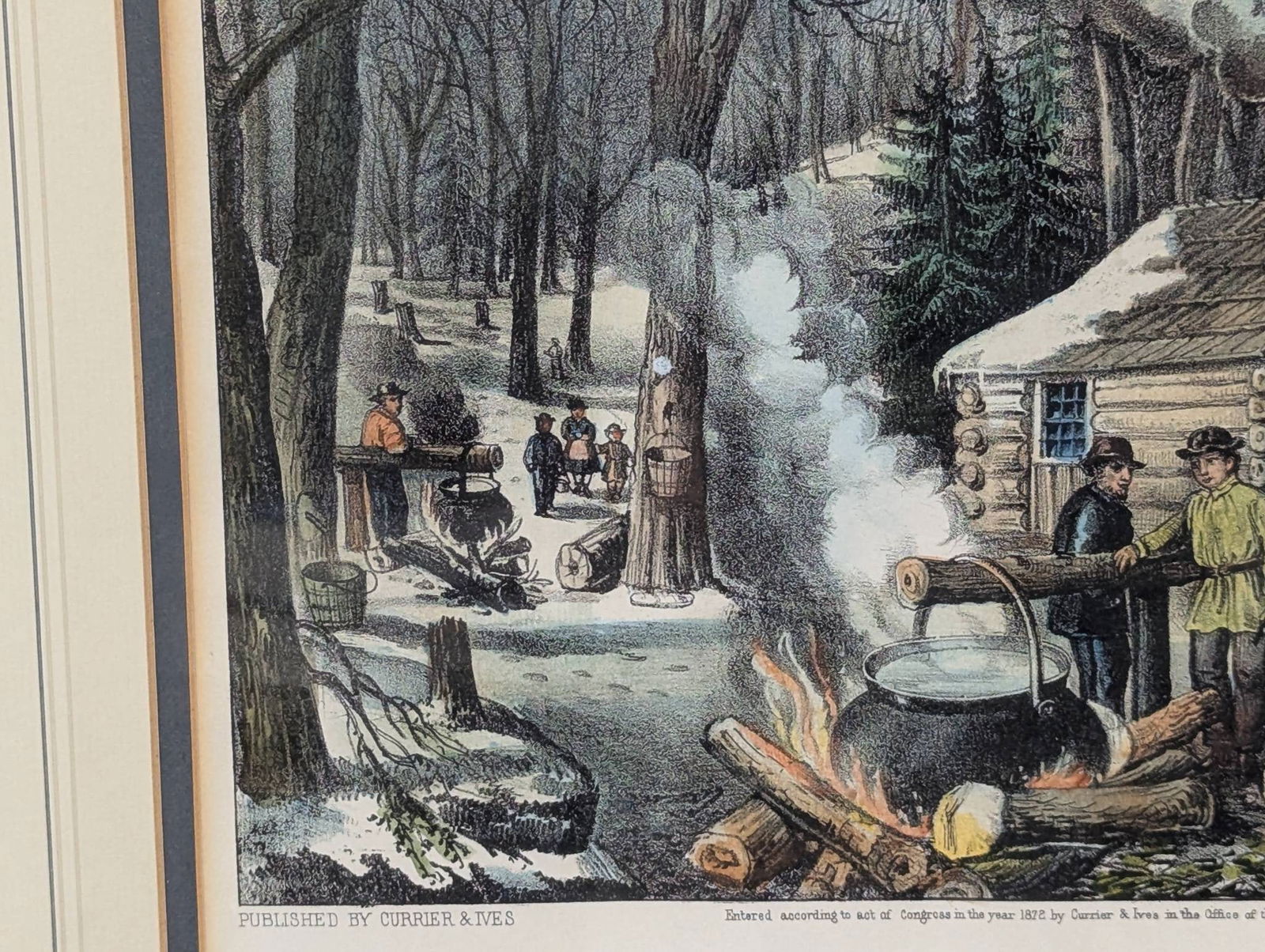 Currier and Ives Maple Sugaring Lithograph in Frame - 6