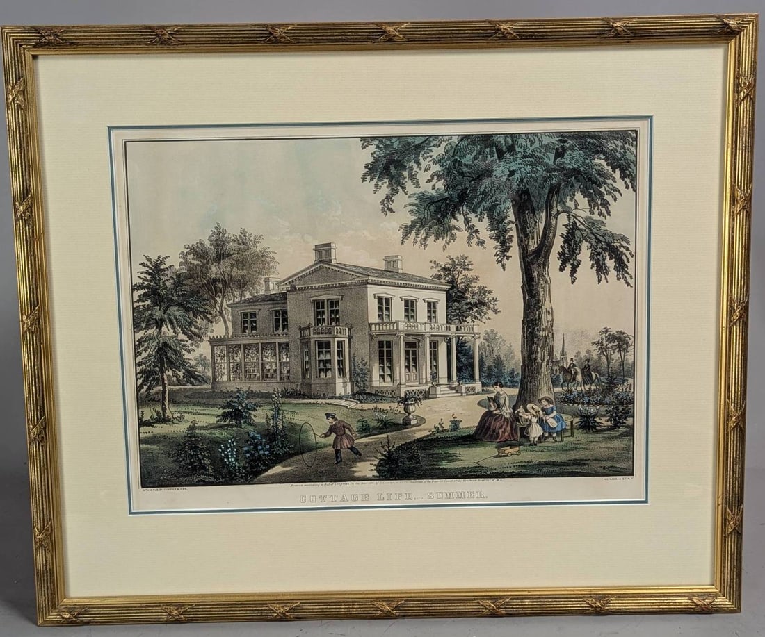 Lithograph by Currier and Ives Depicting Cottage Life in Summer: Hand-colored lithograph titled Cottage Life - Summer, published by Currier and Ives at 152 Nassau Street, New York. Image measures 14 3/4 inches high by 10 1/4 inches wide, with an overall frame size