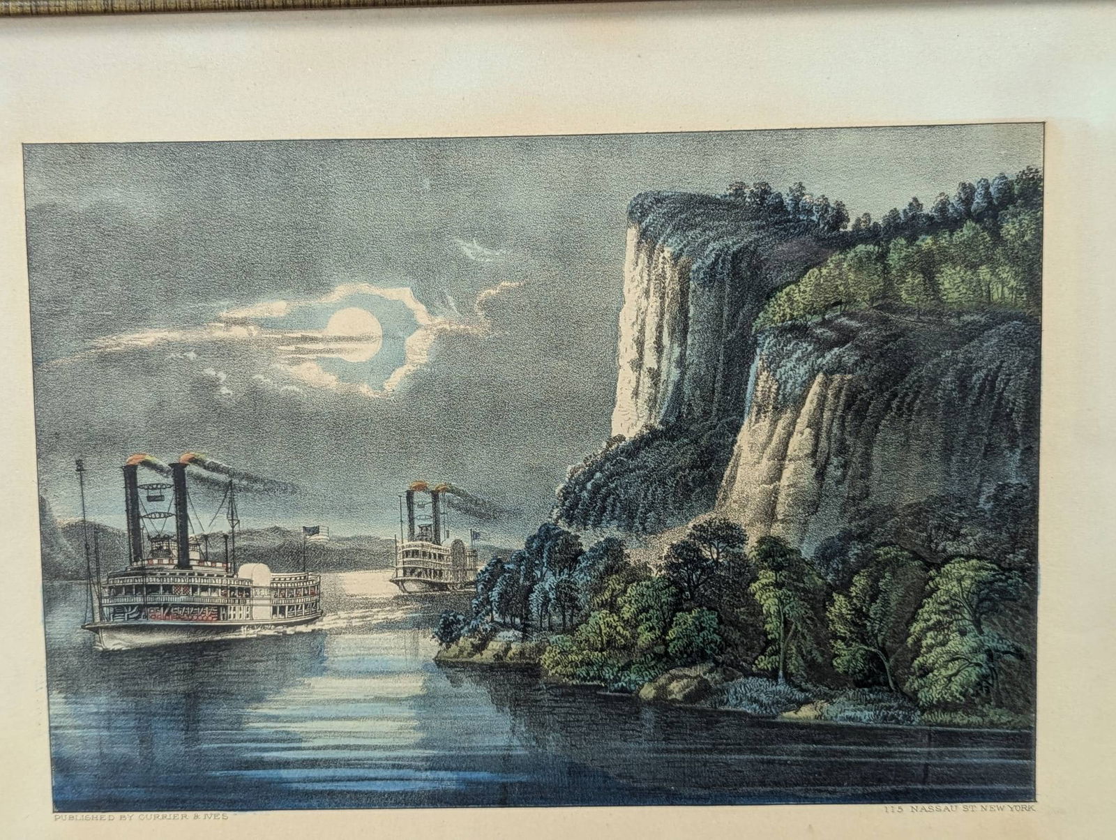 Lithograph Depicting Maiden Rock Mississippi River Published by Currier and Ives - 2